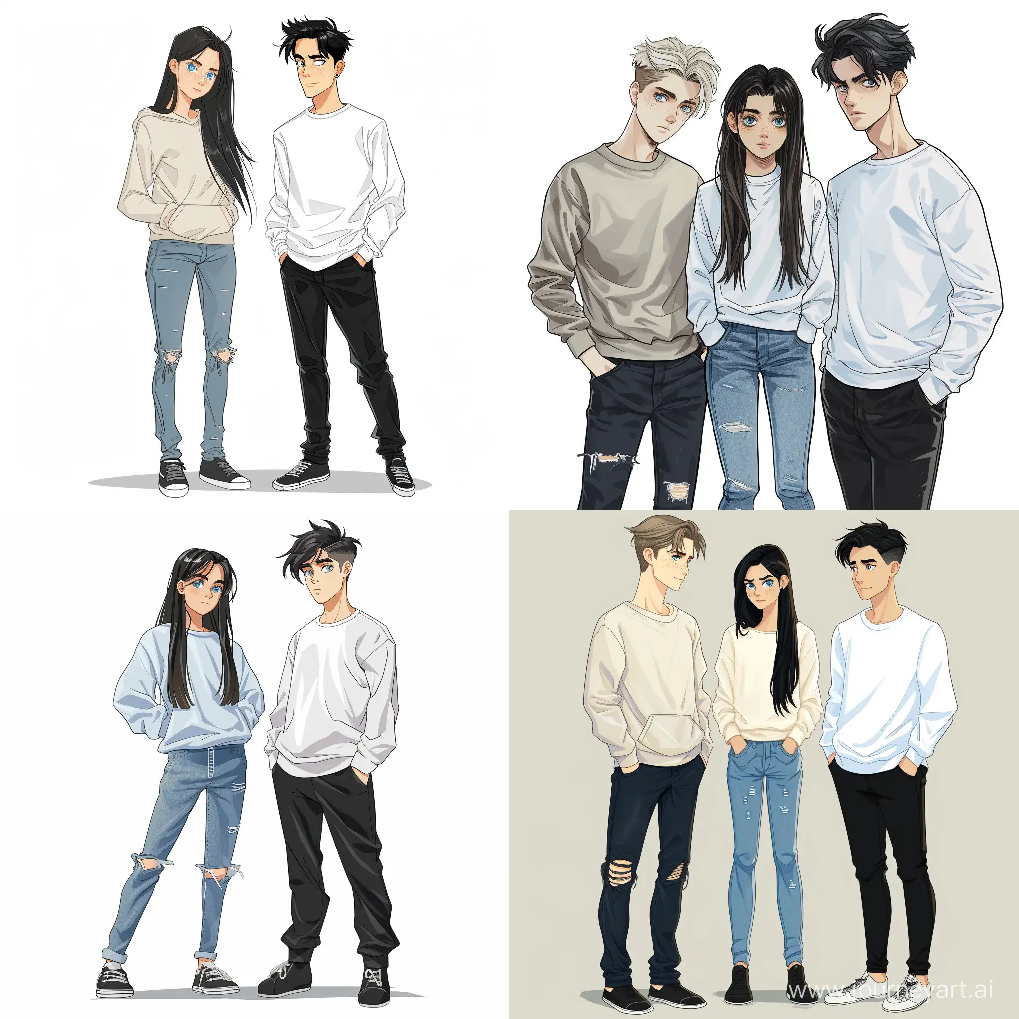 Friendship, two guys, one girl, Beautiful girl, straight dark hair, blue eyes, white skin, teenager, 15 years old, jeans and sweatshirt, handsome guy, disheveled blond hair, brown eyes, freckles, standing with his hands in his pants pockets, whatever, handsome guy, black hair styled in a neat hairstyle, gray eyes, white shirt, black pants, arrogant, full length, high quality, high detail, cartoon art