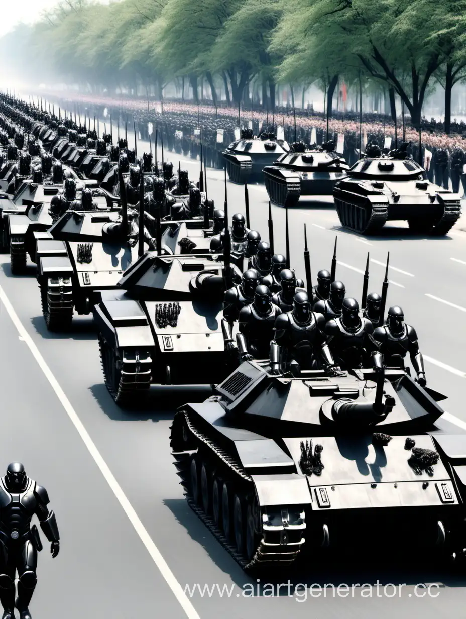 Марш солдат в чорной силовой броне на танках 