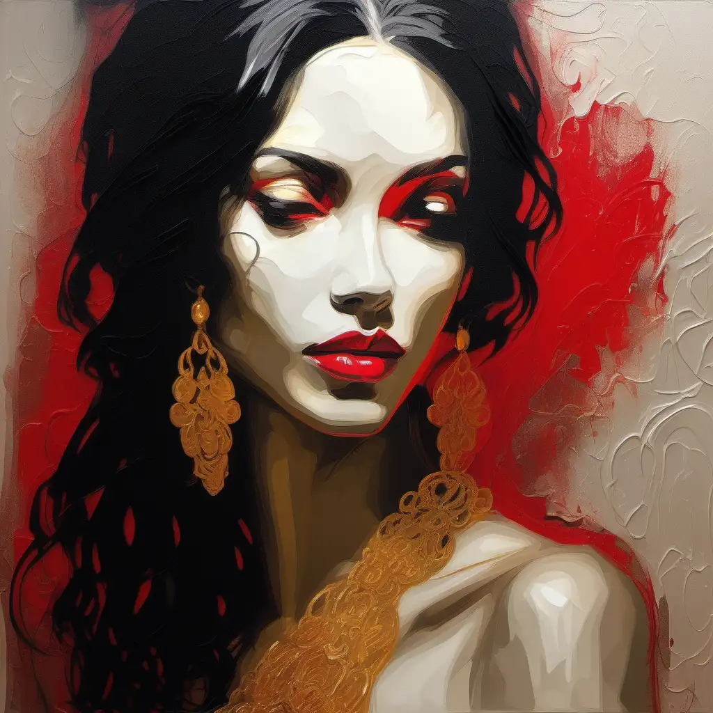 Mysterious Woman with Golden Jewelry Romantic Oil Painting with Soft Outlines and Red Details