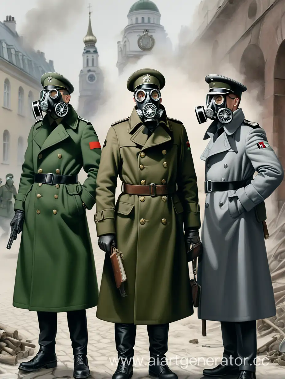 World-War-II-Officers-in-Trench-Coats-with-Gas-Masks