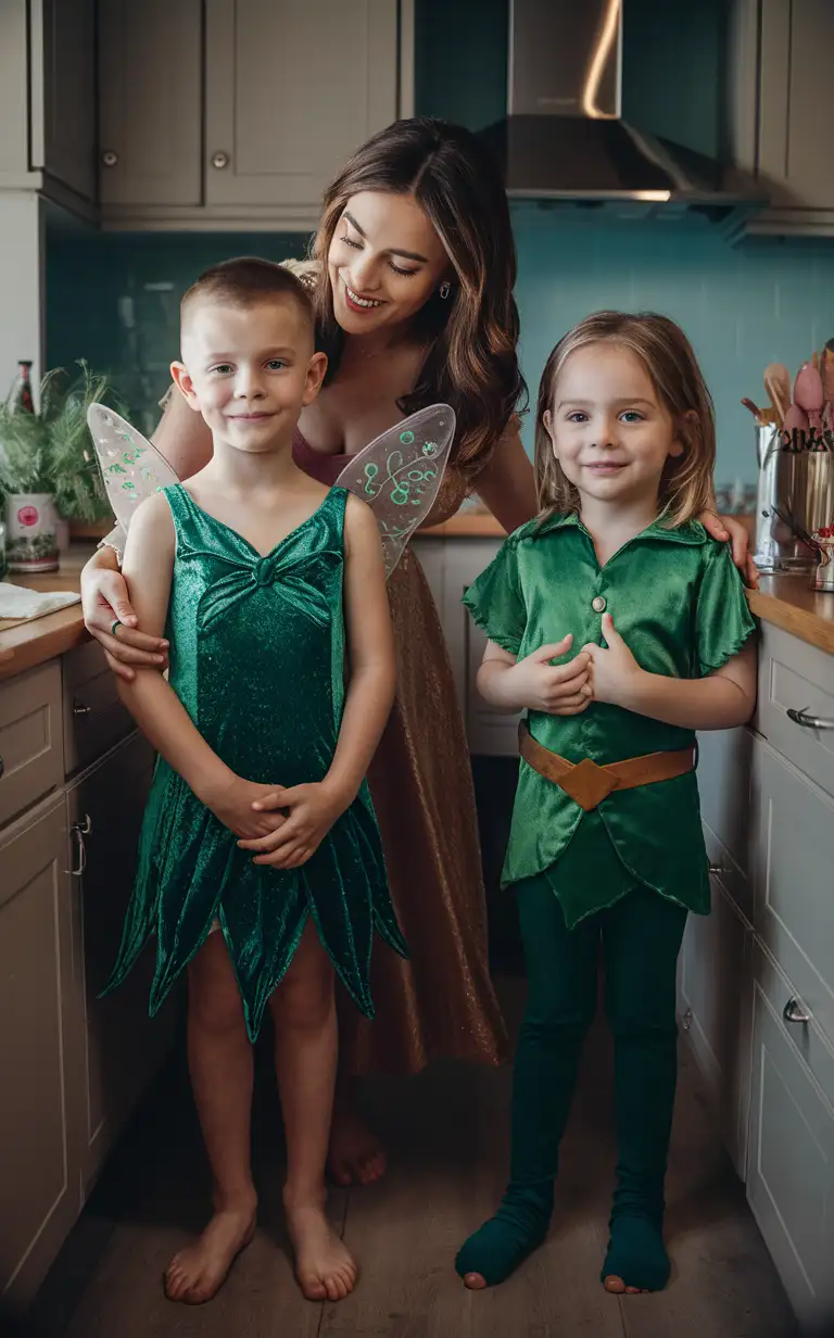 Gender role-reversal, Photograph of a mother dressing her young son, a boy with short smart hair shaved on the sides age 8, up in a shiny emerald Tinkerbell fairy dress, and she is dressing her young daughter, a girl with long hair age 7, up in a Peter Pan suit, in a kitchen preparing for a party, adorable, perfect children faces, perfect faces, clear faces, perfect eyes, perfect noses, smooth skin