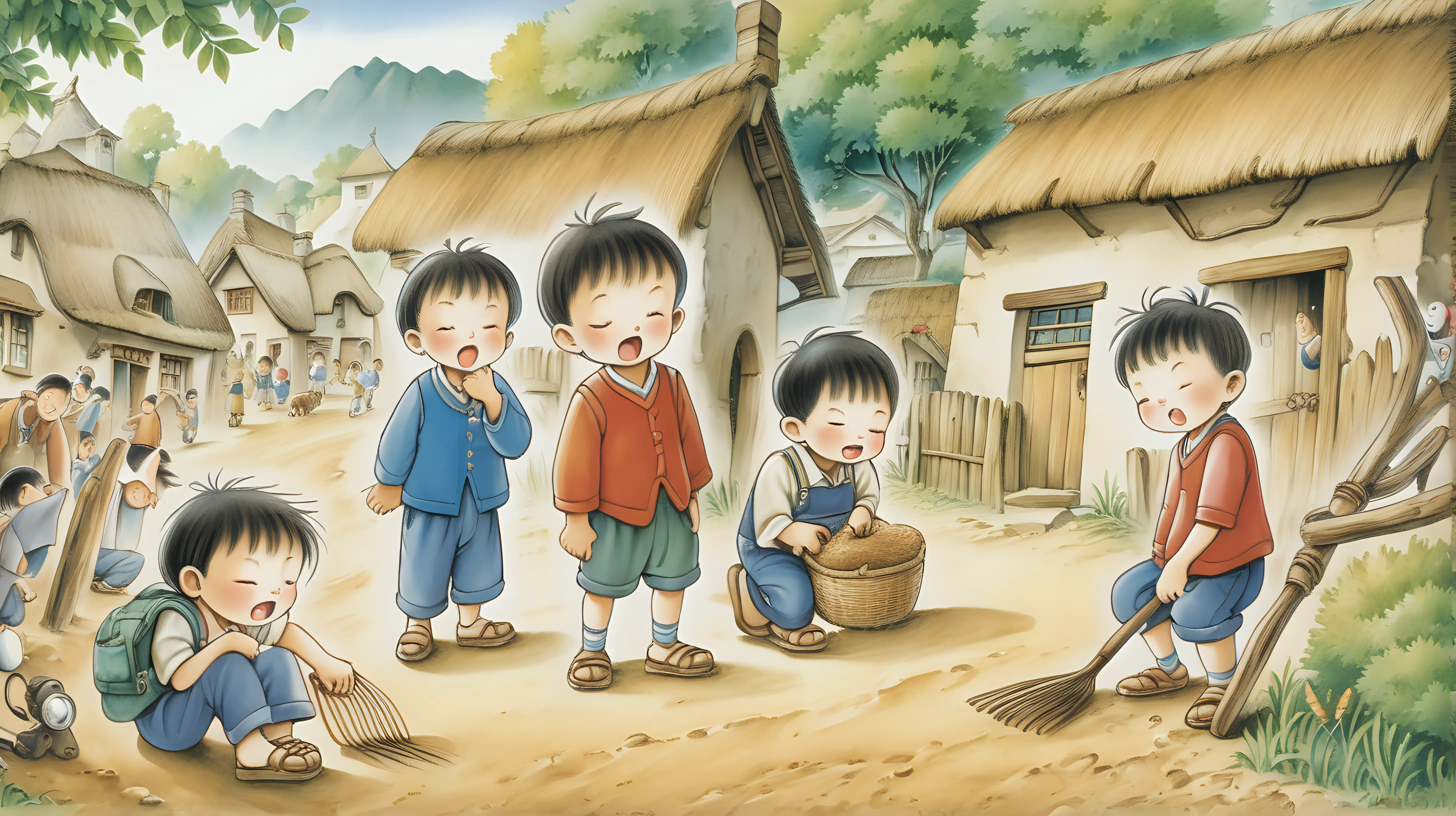 Playful Village Boy Delights in Picture Book Style