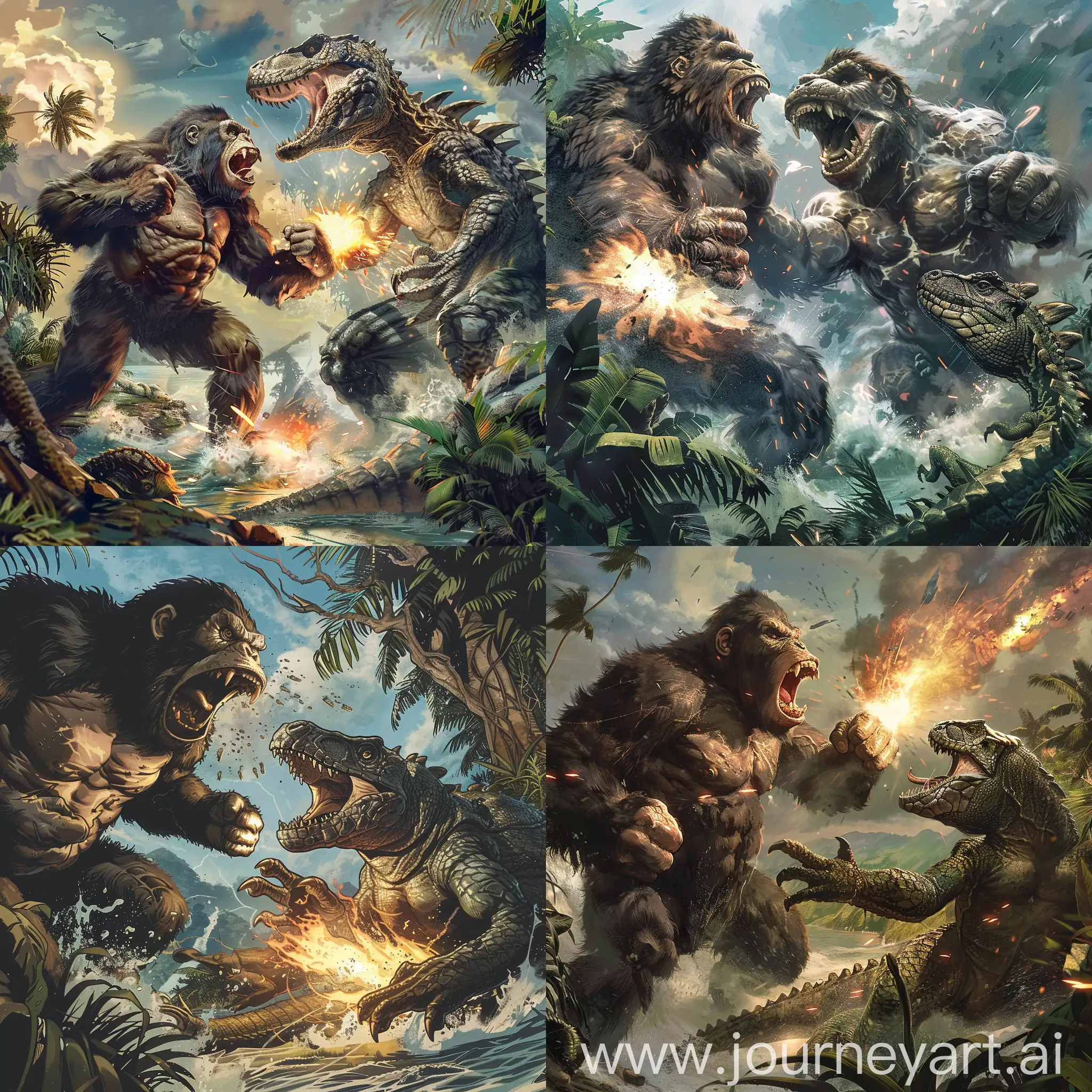 A deafening roar echoes across the island, as a gigantic ape rears back, its fists clenched and muscles tensed. Facing it is a behemoth reptilian monster, its jaws agape, unleashing a searing torrent of atomic breath that scorches the surrounding vegetation. The two titans lunge towards each other, their immense forms colliding in a earth-shattering clash