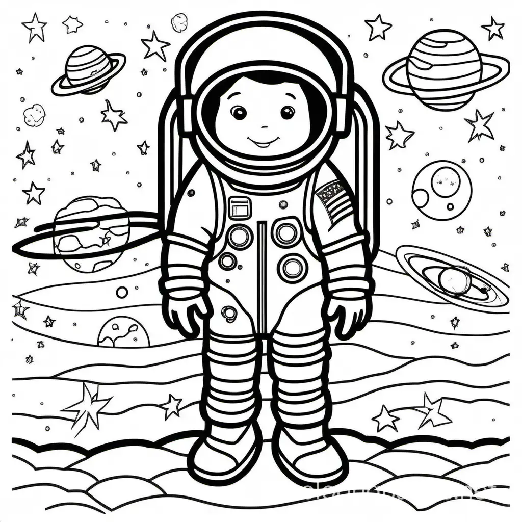 astronaut coloring book style page, white background, Coloring Page, black and white, line art, white background, Simplicity, Ample White Space. The background of the coloring page is plain white to make it easy for young children to color within the lines. The outlines of all the subjects are easy to distinguish, making it simple for kids to color without too much difficulty