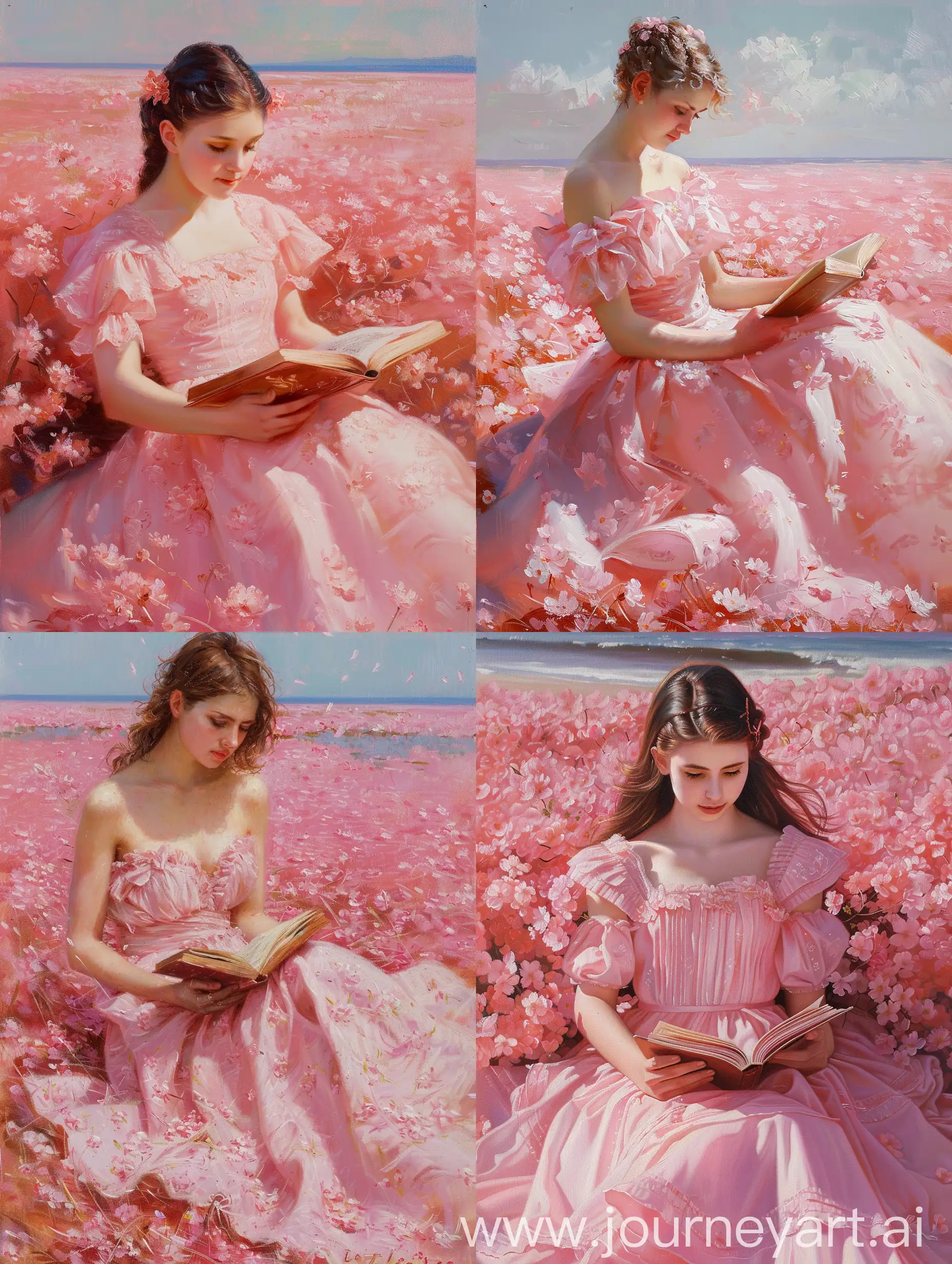 一个美丽的年轻的女人，穿着粉红色的连衣裙，在粉红色的花海里看书，洛可可风格，油画，18世纪，晴天，柔和的光线，水平线构图
