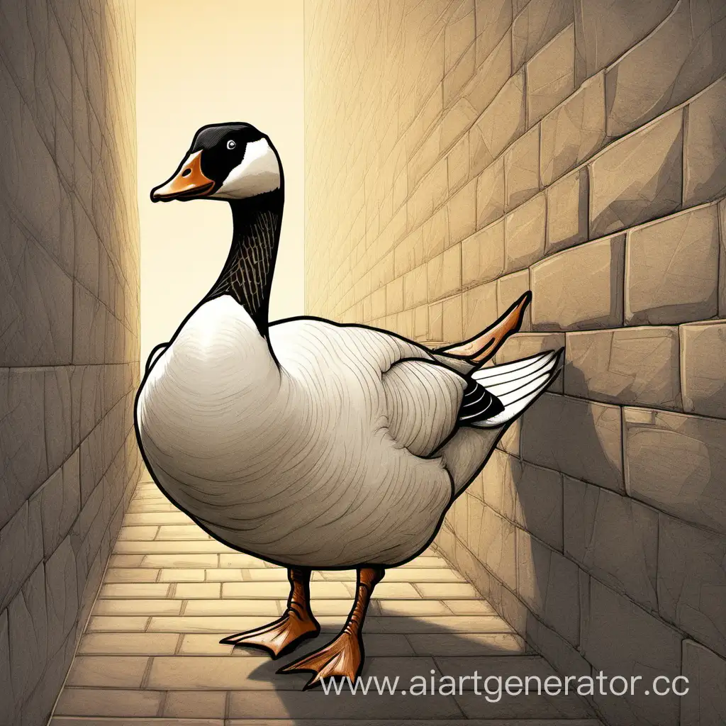 The goose runs on the walls