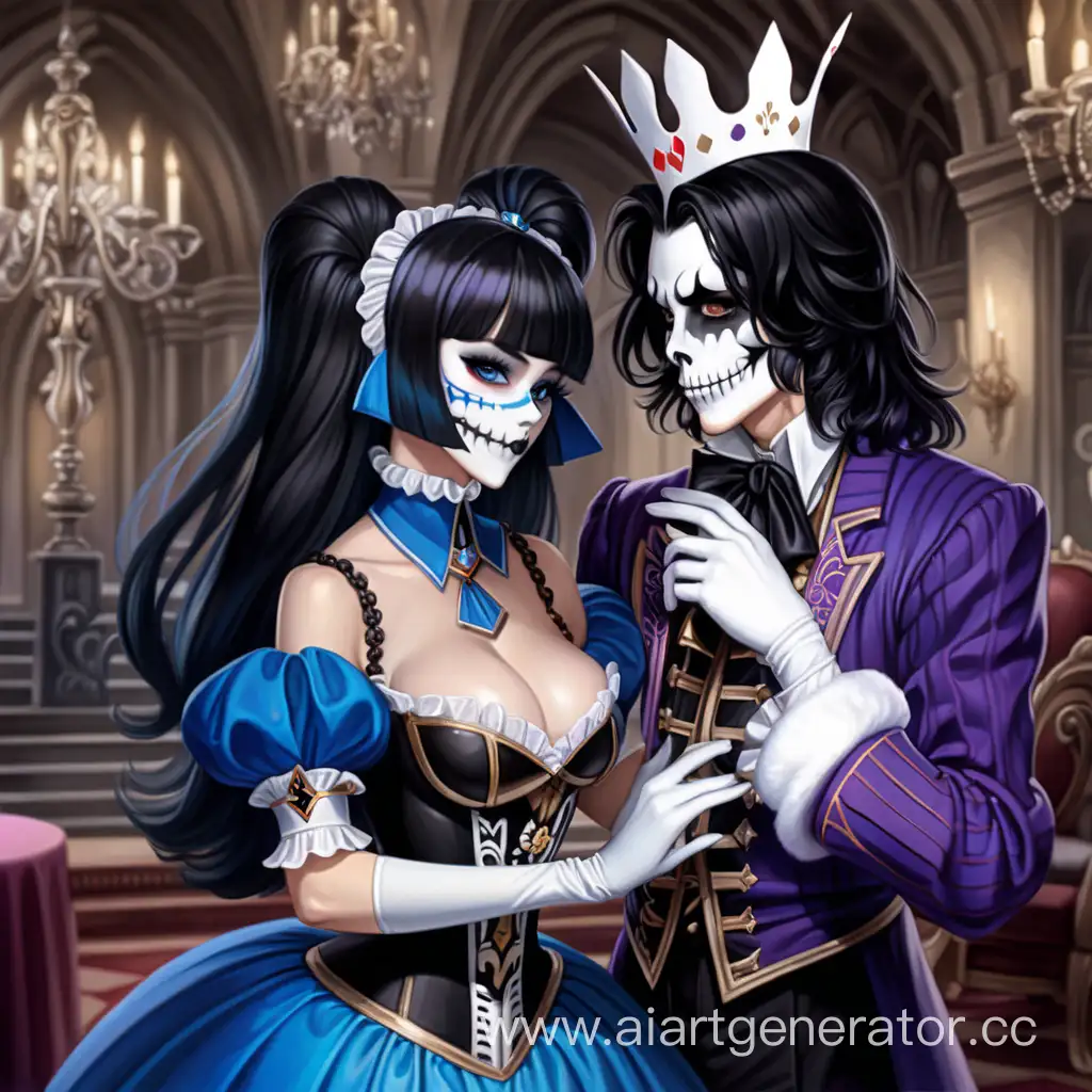 1boy, The jester's costume, black hair, blue eyes, card, gloves, holding, makeup, neck ruff, playing card, pointy ears, puffy sleeves, signature, solo, white gloves, bell, black lips, 1girl, skull makeup, black hair, breasts, dress,  long hair, couple, dancing, hetero, holding hands