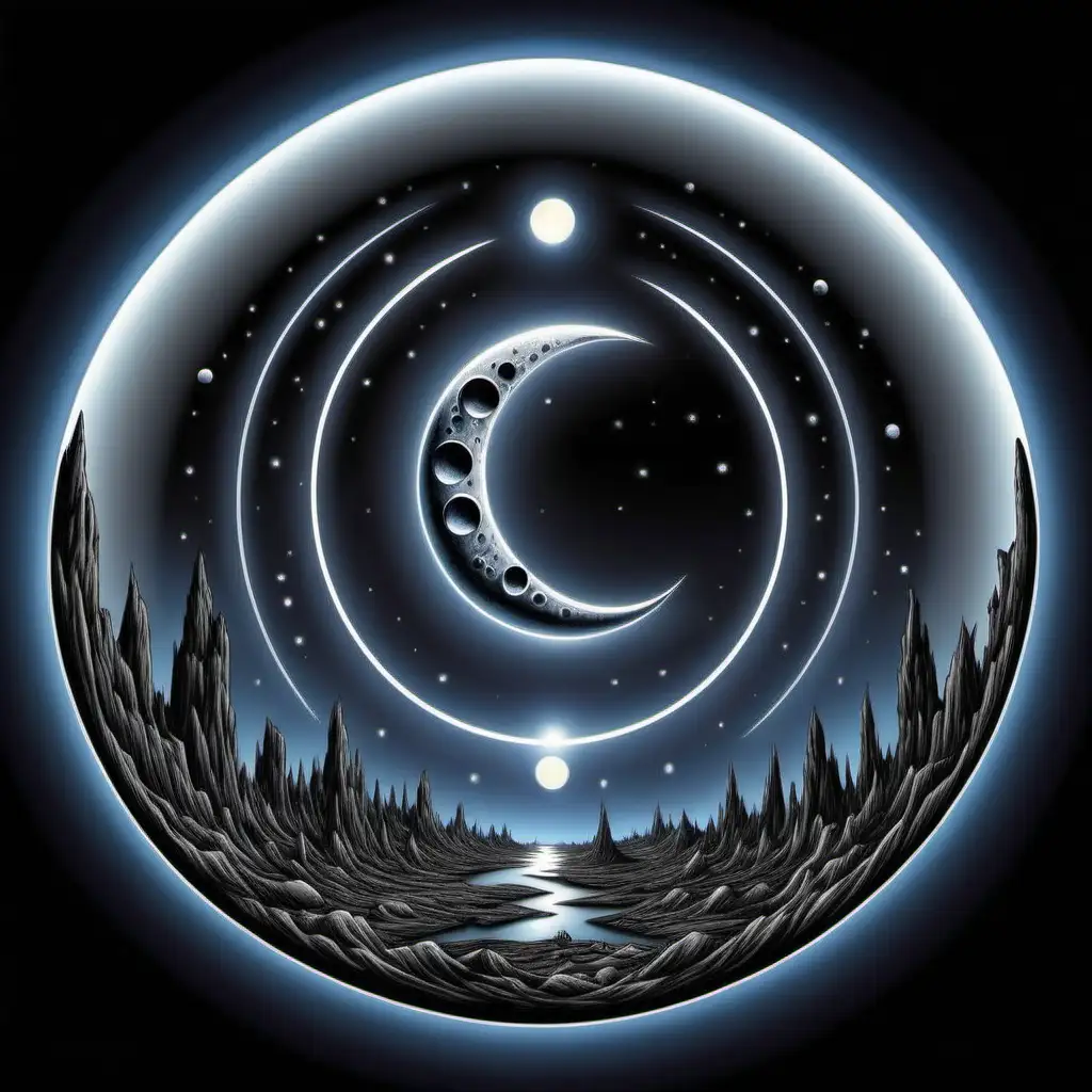 CARTOON NIRVANA LOGO IN MOON AREA OF ECLIPSE WITH THE STAGES OF ECLIPSE LINING UP ACROSS THE HORIZON, REALISTIC, DETAILED
