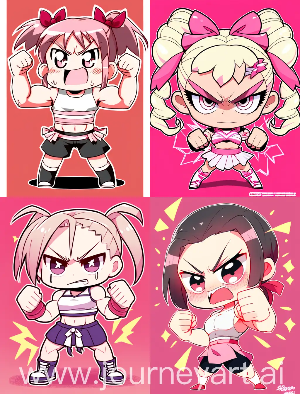 angry chibi anime girl showing muscles, cartoon anime style, with strong lines, with pink solid background