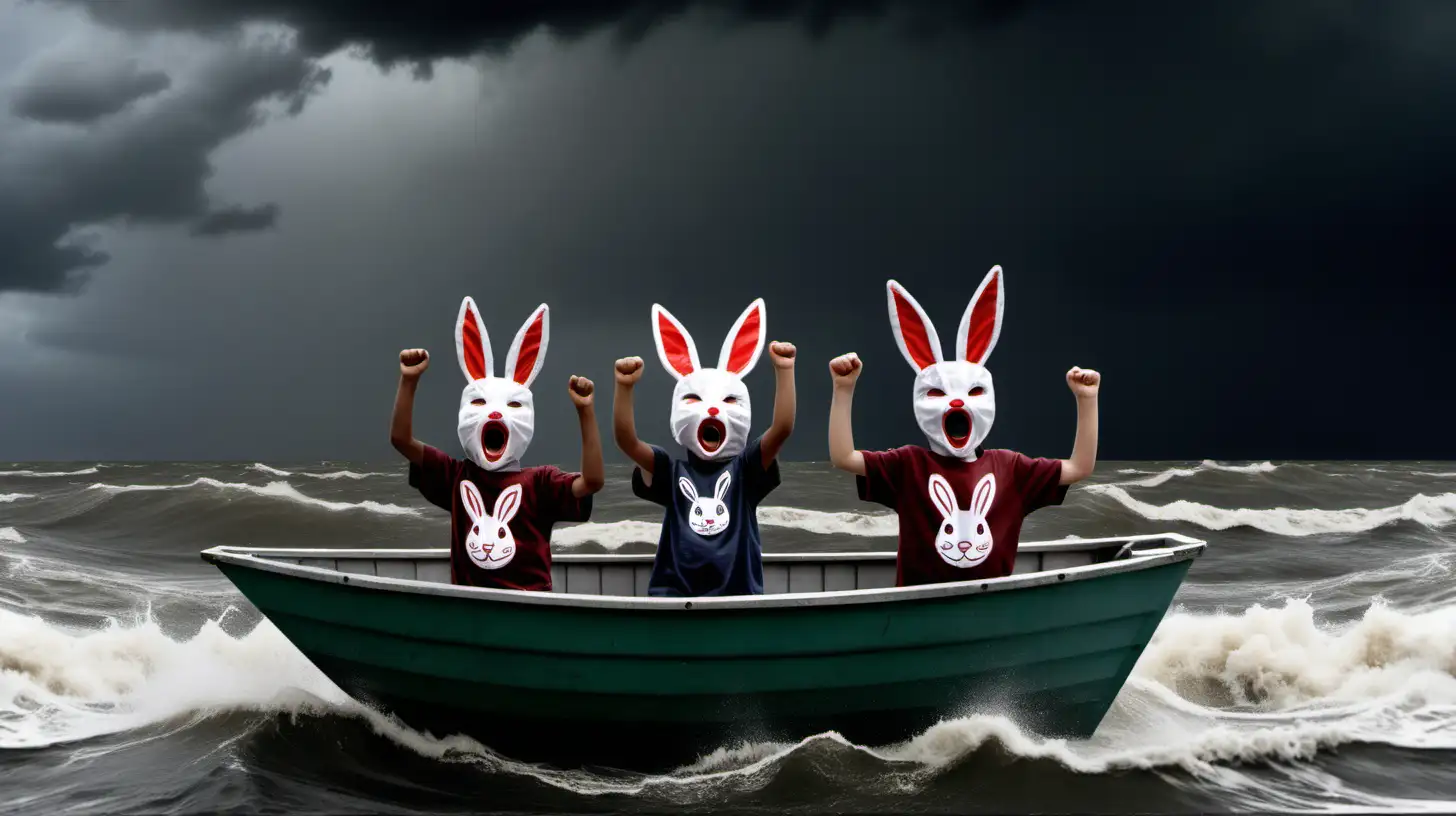 Cheering Children in Rabbit Masks Navigate Raging Sea Storm