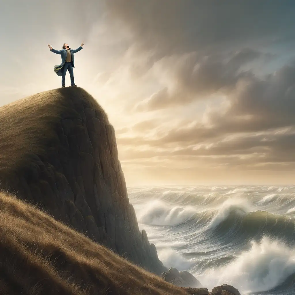create a realistic image of A figure standing atop a hill, shouting into the horizon with waves of his sound emanating outward