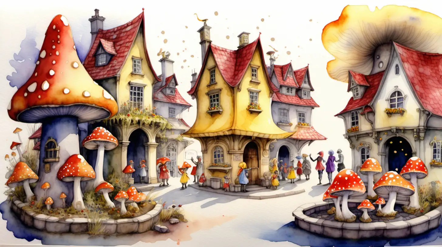 watercolour fairytale style painting. A horde of worried pixies talking in a town square with a wishing well and shops shaped like yellow and red mushrooms.