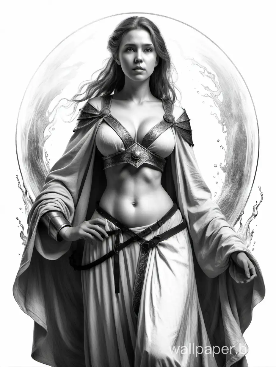 Anna Romanoff, a medieval young girl with a huge chest. Imperial water mage. 20 years in full height strong, black and white sketch, high detail, 4k photo. In full height, white background, nude art style.
