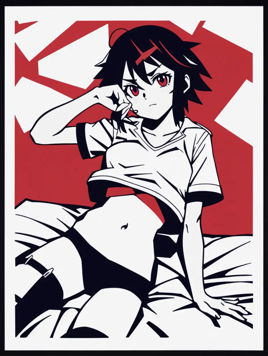 kill la kill ryuko laying on bed posterize halftone red black white 3 color minimal design short shirt midriff 
