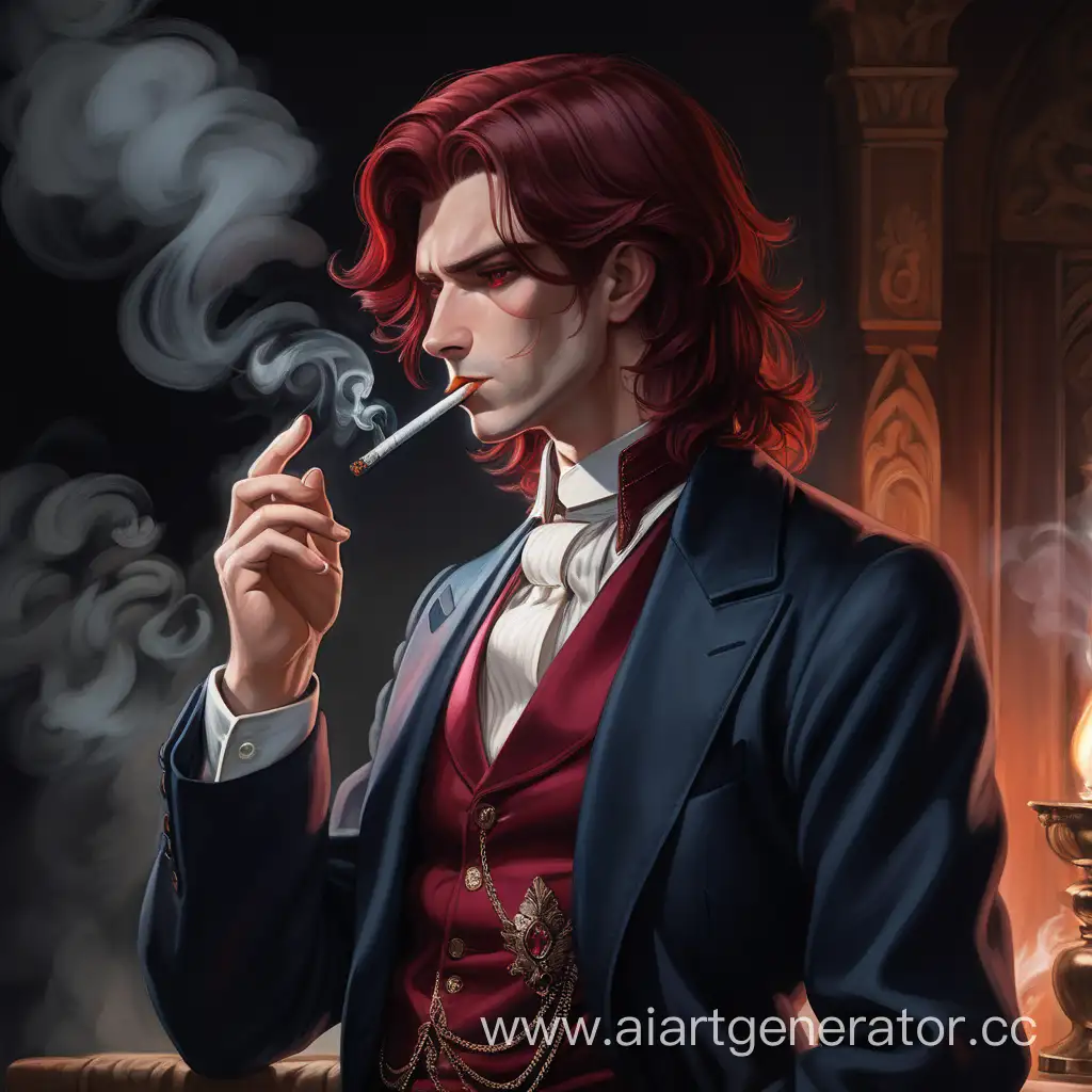 парень с тёмно-красными волосами средней длинны и глазами цвета рубина с сигаретой во рту стоит в почтенной позе и выпускает дым, в почтенном месте и в почтенной одежде