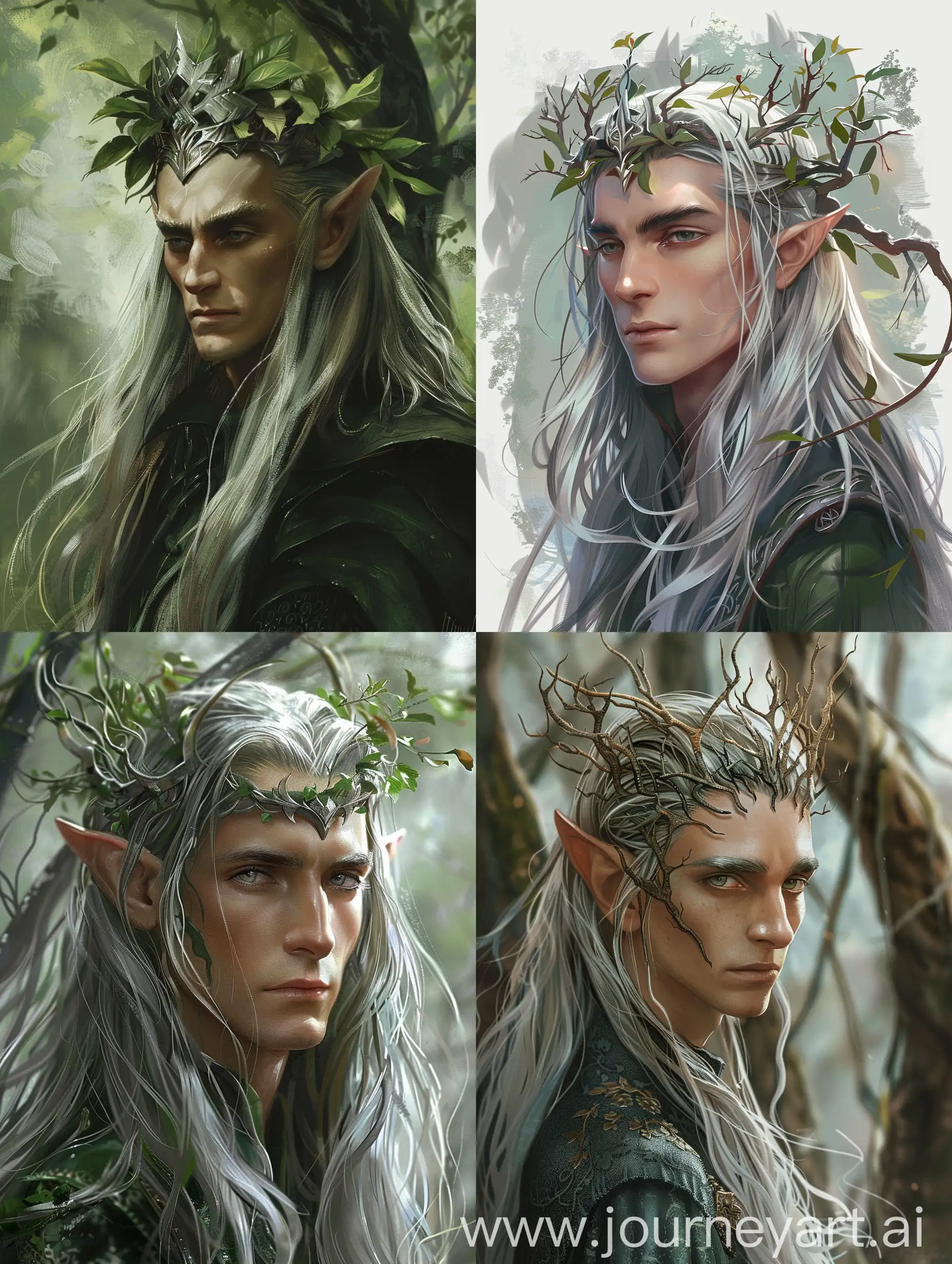 Elu Thingol aus Tolkiens Werken. Er ist ein großer Elb mit silbernem, langem Haar und grauen Augen. Er ist der König von Doriath, einem Waldreich. Elu Thingol ist streng, ernst und hochmütig gegenüber seinen Feinden, aber sein Volk liebt ihn. Seine Krone erinnert an den Wald selbst und er hat eine majestätische und edle Ausstrahlung wie eine hohe Buche. Er gilt als sehr gut aussehend.
