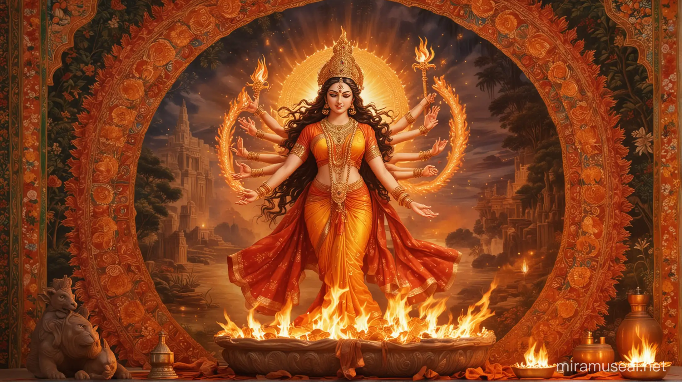 In the serene dawn's light, Goddess Durga's countenance emerges, serene yet powerful, as she melds with the vibrant flames. The backdrop, a tapestry of tranquil hues, frames the scene, enhancing its mystical allure. The fire, alive and vibrant, dances in harmony with the goddess, illuminating her features with clarity and grace. A captivating tableau of divine connection, inviting admiration and contemplation of earthly harmony and spiritual