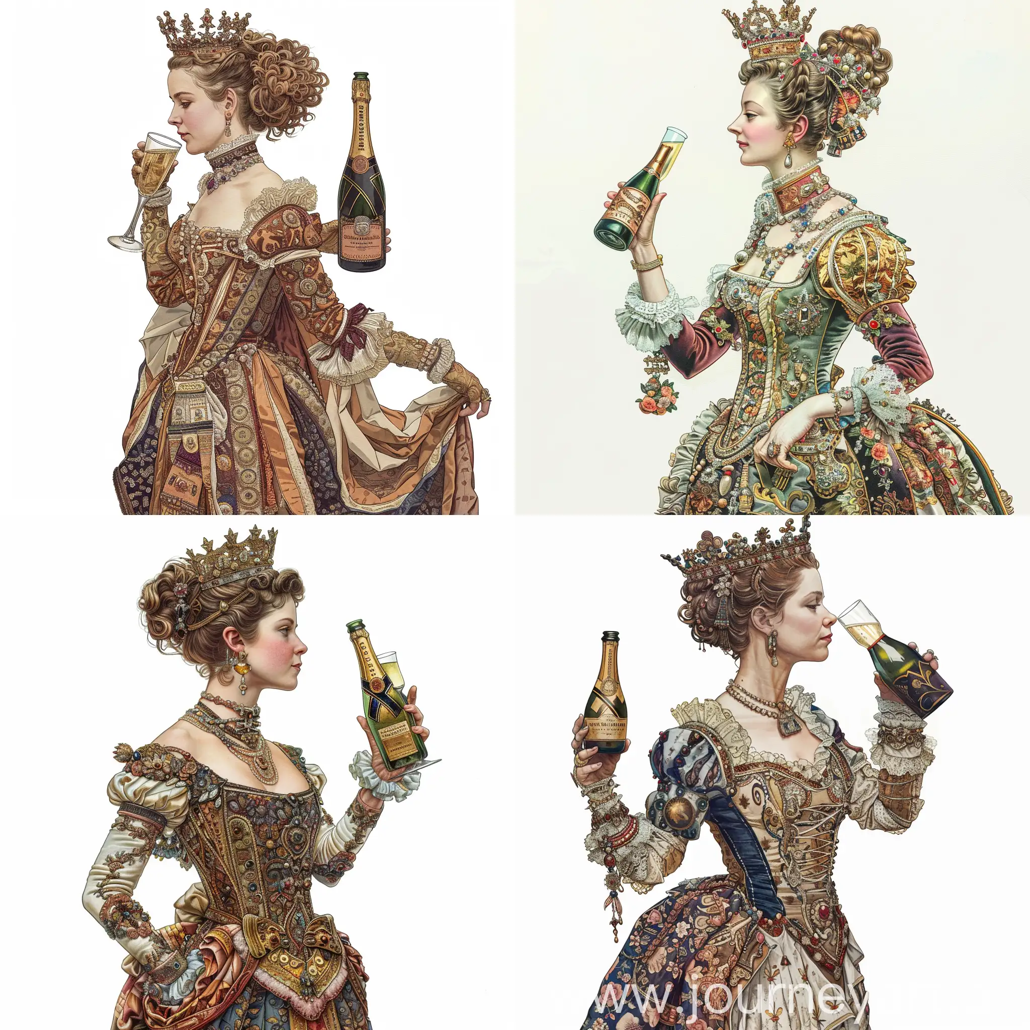 The queen of ancient Austria in profile, waist-high portrait, with a crown on her head, looking straight, in antique ornate, exquisite clothes, holding a glass glass with champagne at chin level, the other arm bent at the elbow and holding a bottle, complex colors, illustration, on a white background, Arthur Wrexham style