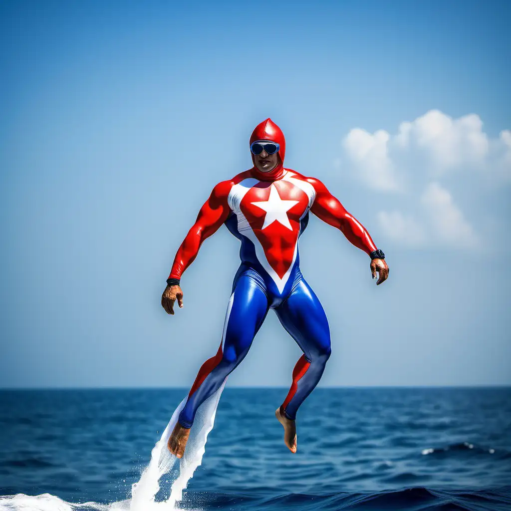 muscular man, flying fish theme symbol, full body skintight diving suit, flying fish, red blue white panama flag, jumping, ocean, day