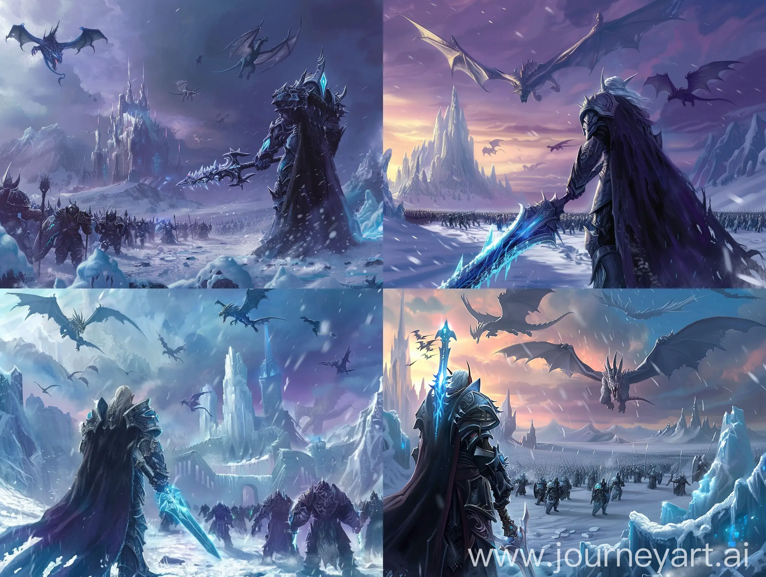 Arthas, wielding Frostmourne, stands in Icecrown Citadel, facing the armies of the Alliance and the Horde alone, with frost dragons soaring in the sky.