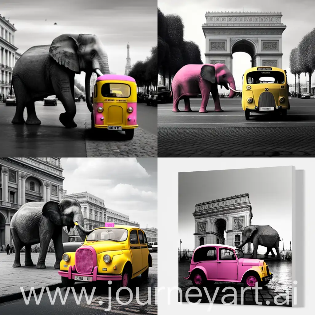 Vibrant-Pink-Elephant-and-Yellow-Taxi-in-Paris-Cityscape
