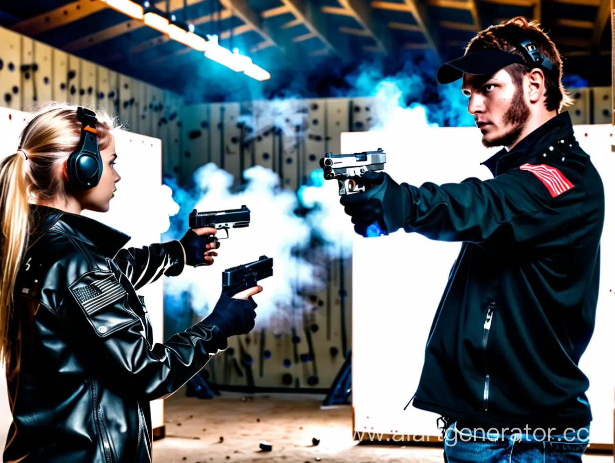 Young-Couple-Practicing-Shooting-at-Modern-Indoor-Gun-Range