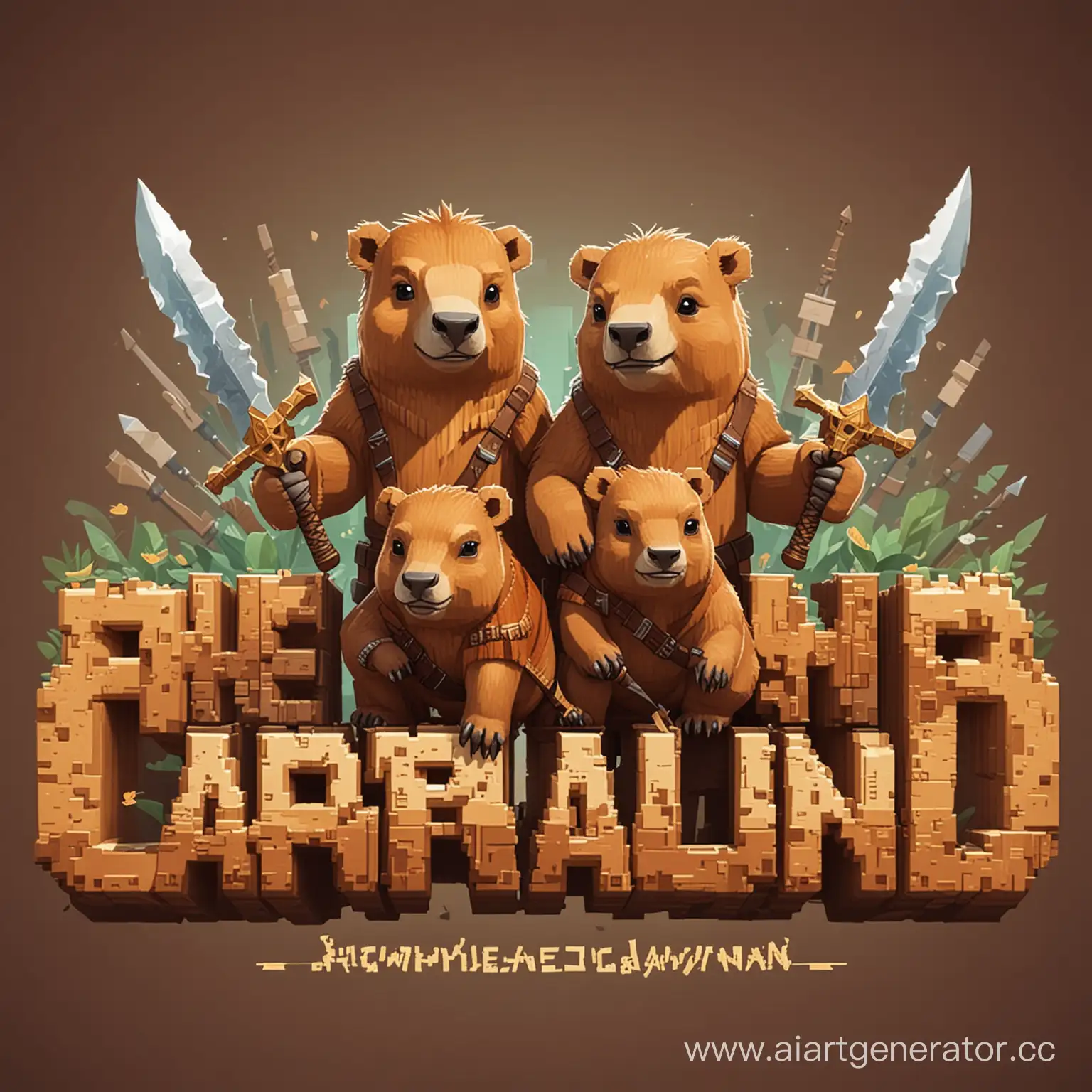 CapybaraLand-Minecraft-Style-Brown-Inscription-with-SwordWielding-Capybaras