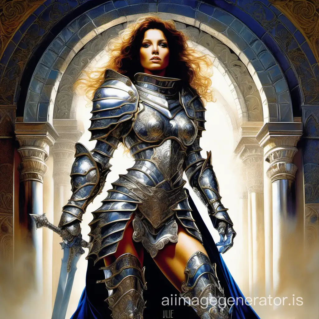 Imagine a full body view of beautiful girl dressed ornated armor in the style of Julie Bell. masterpiece, best quality, High contrast, colorful, stark, dramatic, detailed background, high quality, by Julie Bell,
