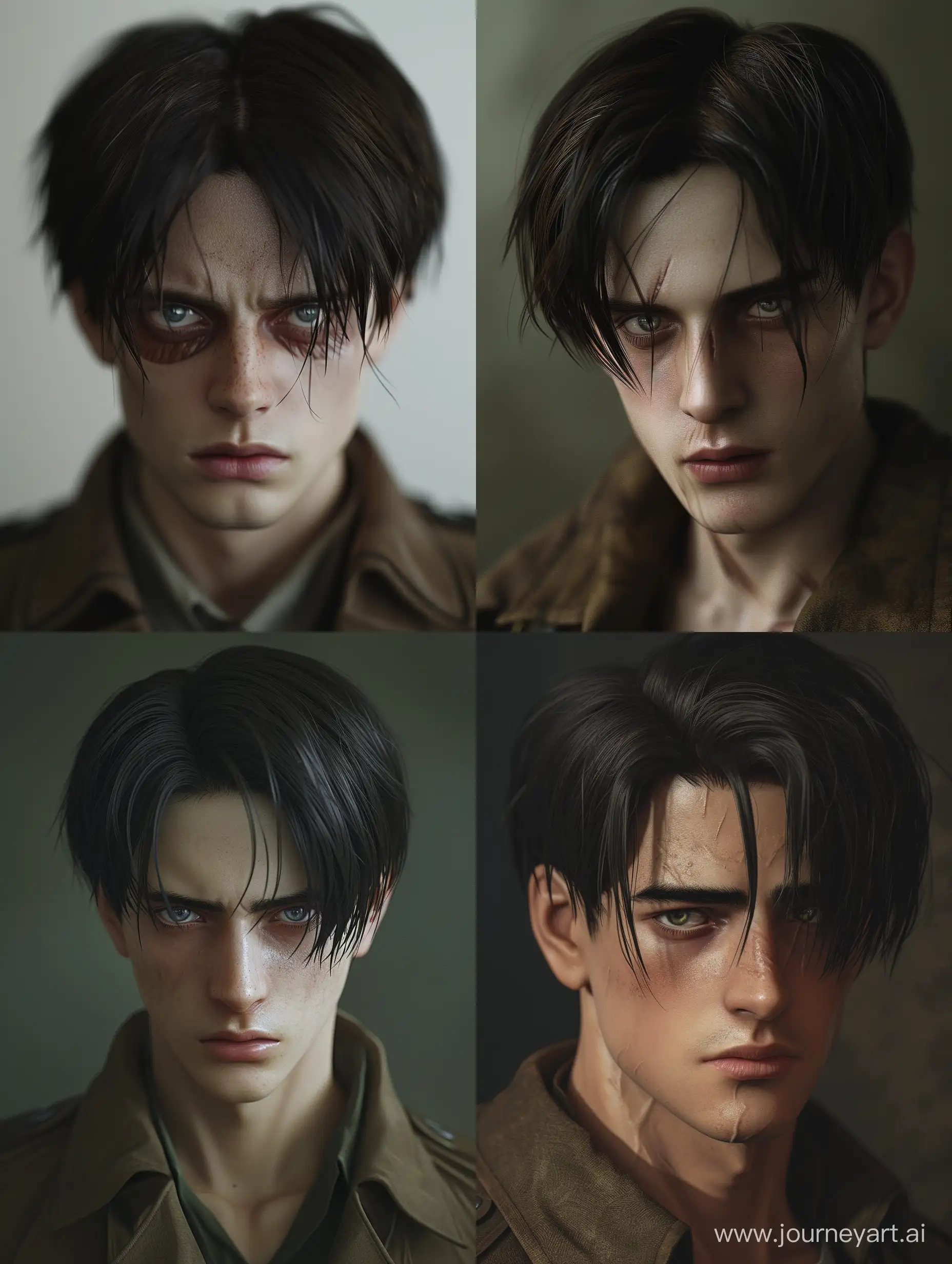 Hyper Realistic Levi Ackerman from Attack on Titan, in his 30s, with normal dark circles, slight mocking smirk, narrow bored eyes with prominent whites
