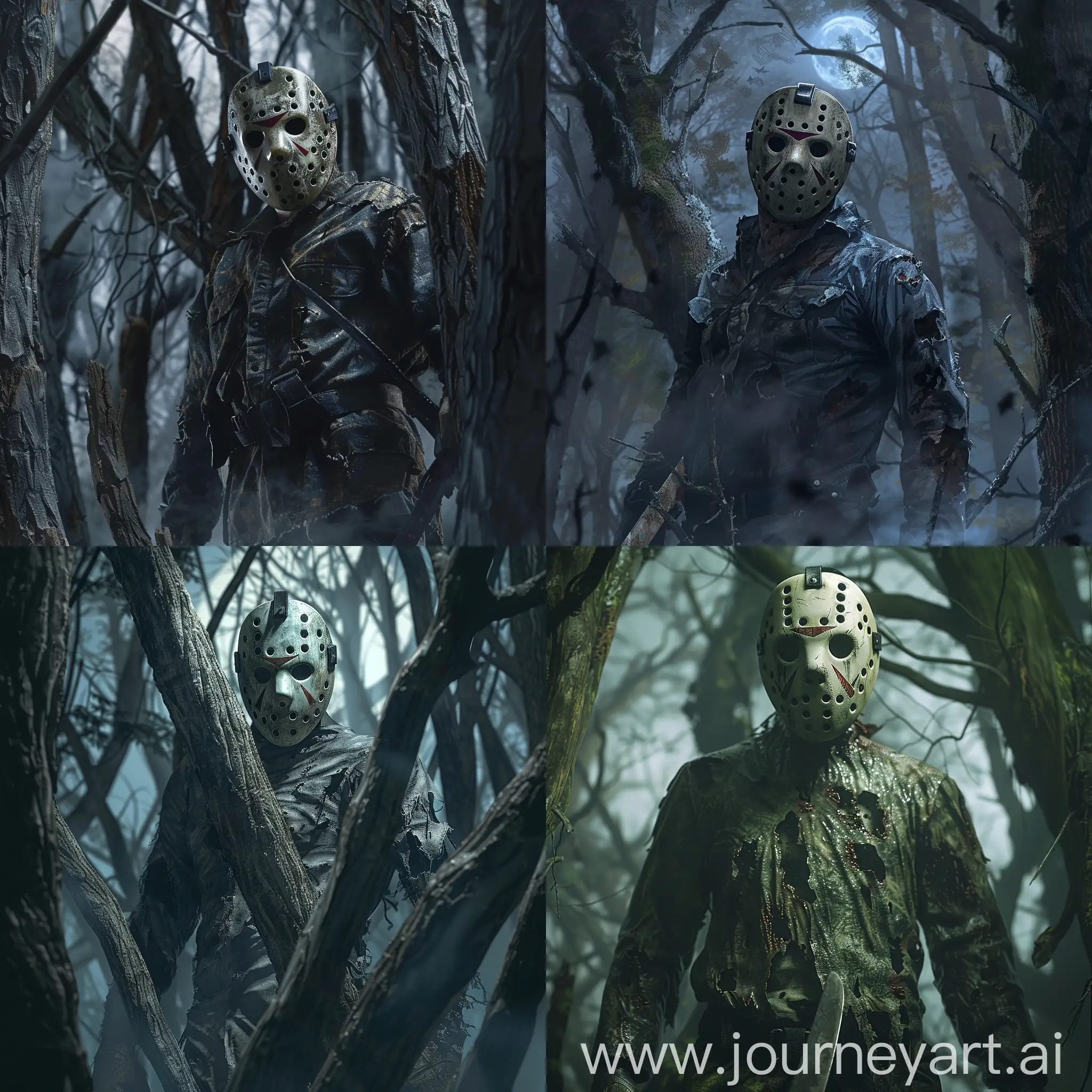 In the heart of a foreboding forest shrouded in mist, a close-up image reveals Jason Voorhees, the silent sentinel of the shadows. His towering figure stands amidst gnarled trees, his weathered attire blending seamlessly with the eerie surroundings. Jason's iconic hockey mask reflects the faint moonlight, its surface etched with scars and tales of past battles. Despite the darkness that envelops him, his piercing gaze pierces through the veil of night, emanating an aura of unyielding vigilance. With his signature machete clutched tightly in hand, he remains a solitary figure, a silent guardian of the haunted woods.