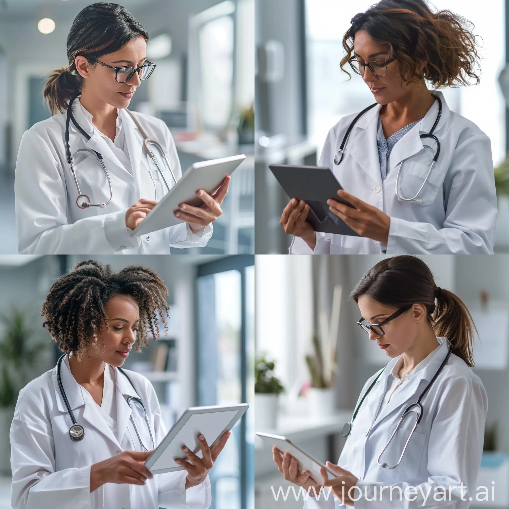 mujer doctora con una tablet explicando y mirando a la pantalla