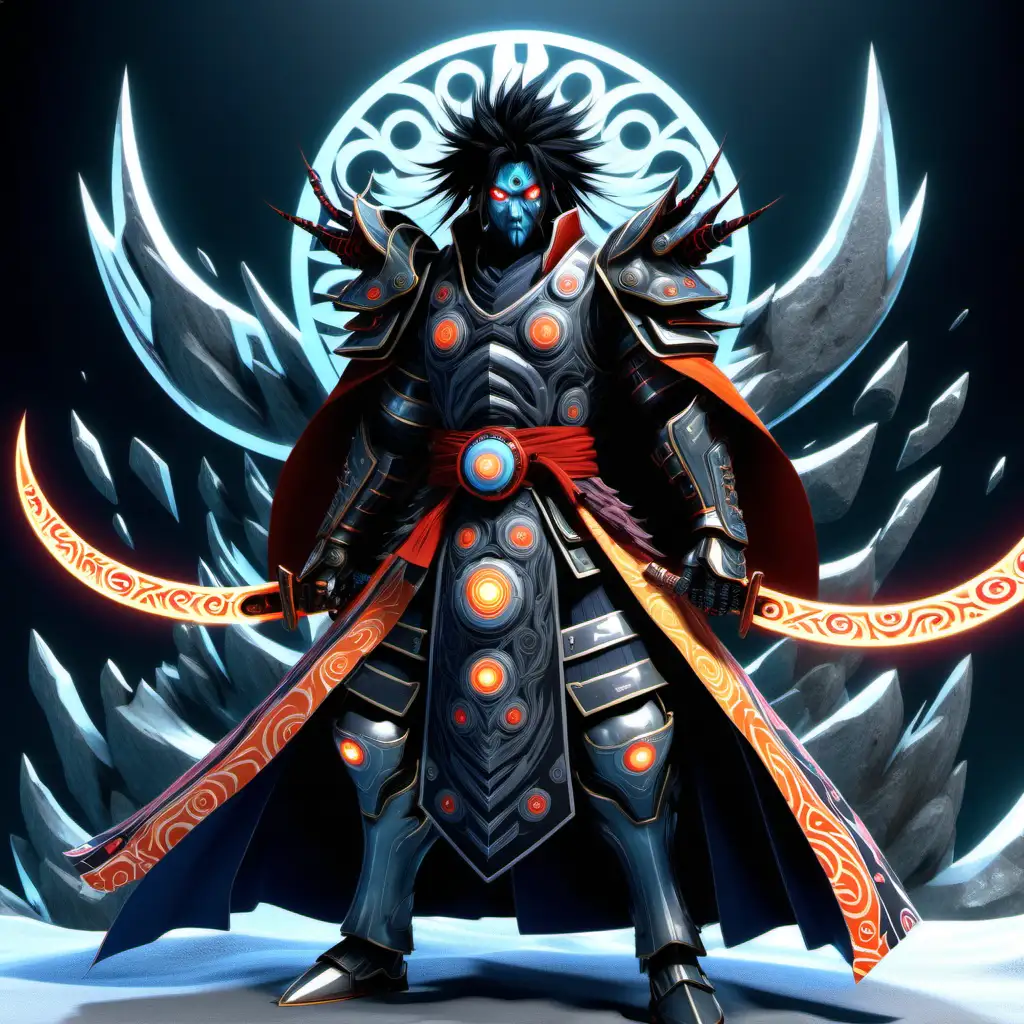 high definition simulation of a video game world boss character creation screen with cyberpunk Samurai ninja, With anime style madara hair and ying yang eyeballs With glowing lightning fists wearing a beautiful frozen kimono with red black and orange sacred geometry and armored shoulder guards Giant mechanical knight with cape and shining armor