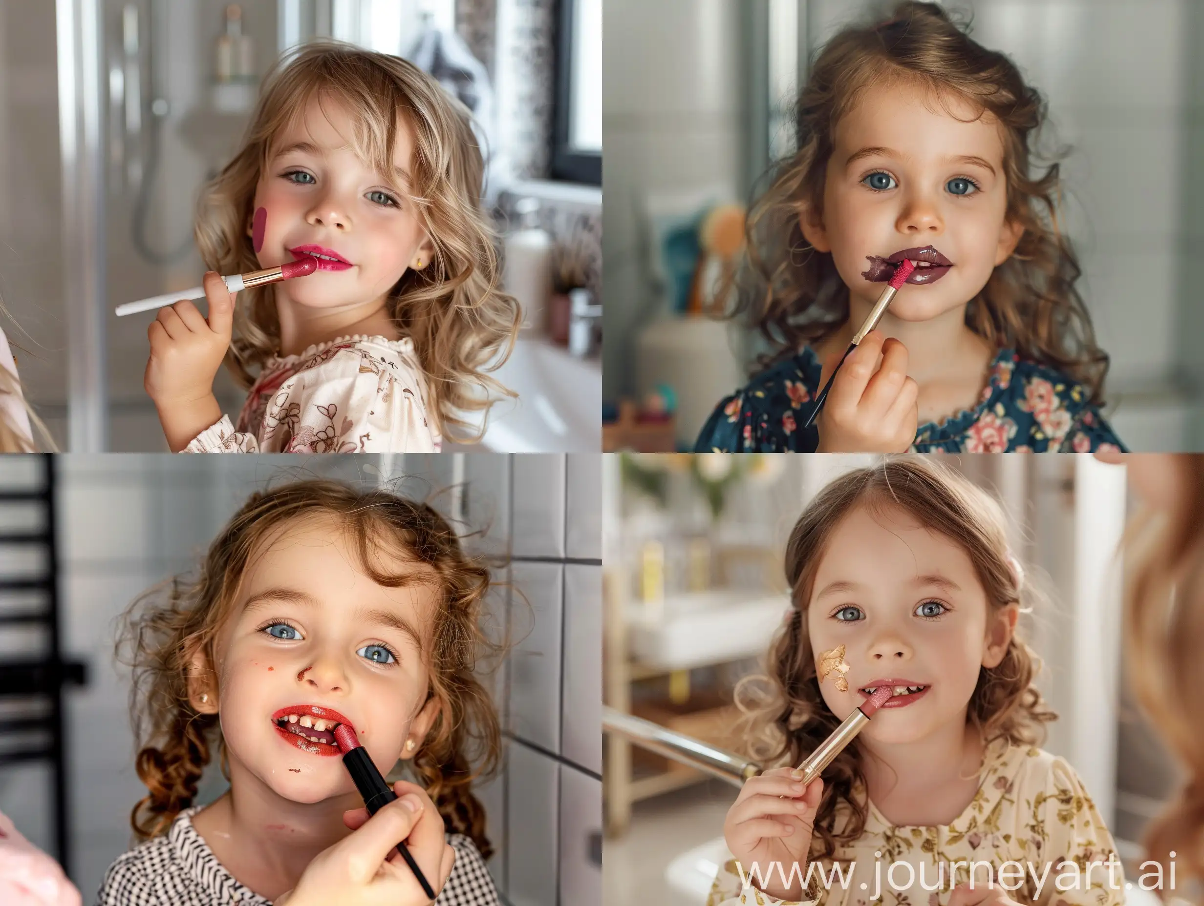 Little 4 years old girl paints her lips with lipstick borrowed from her mother in the bathroom, smile 