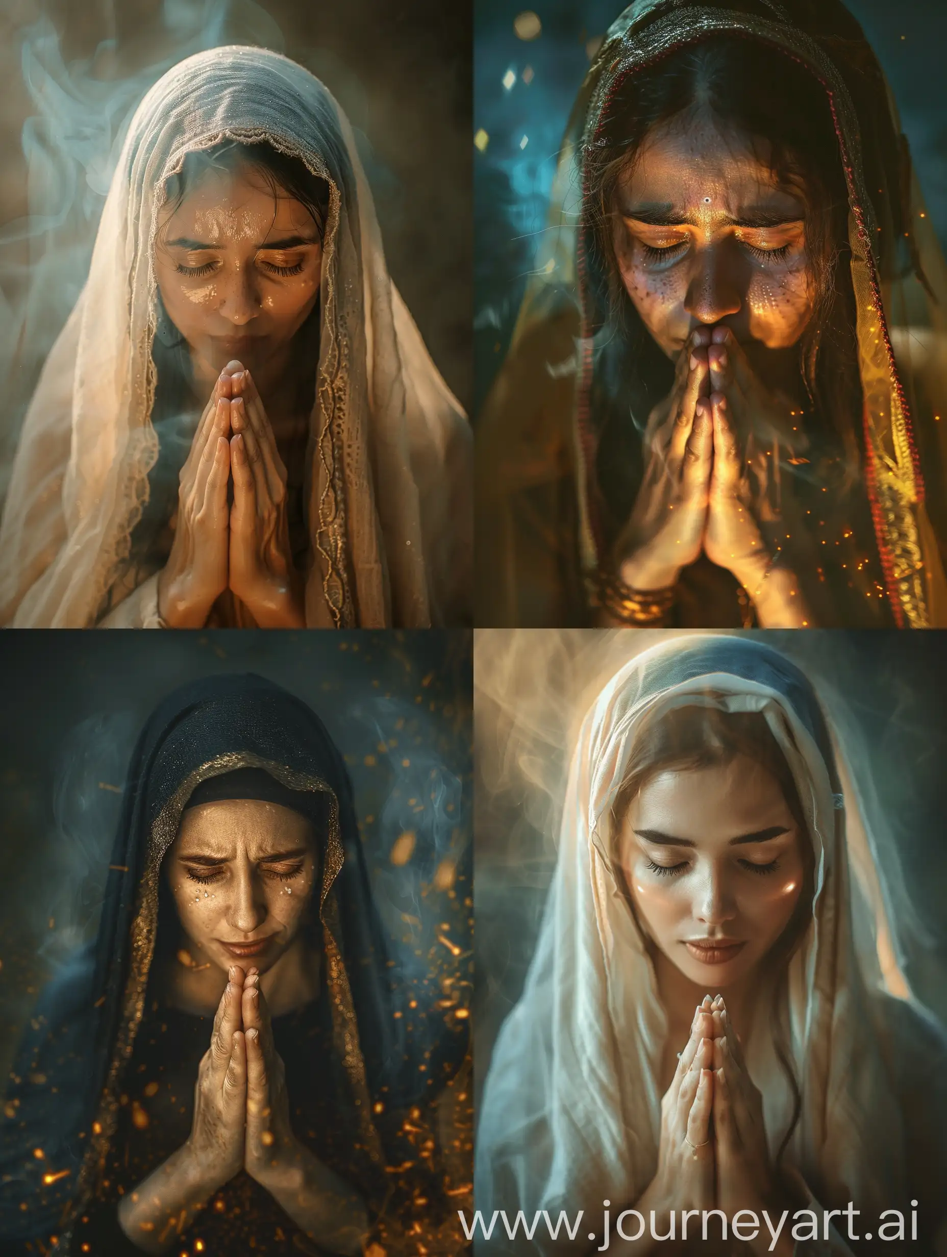 make realistic photo of a holy woman  praying epic settings camera hazer camera luts blur sad face holy luts 