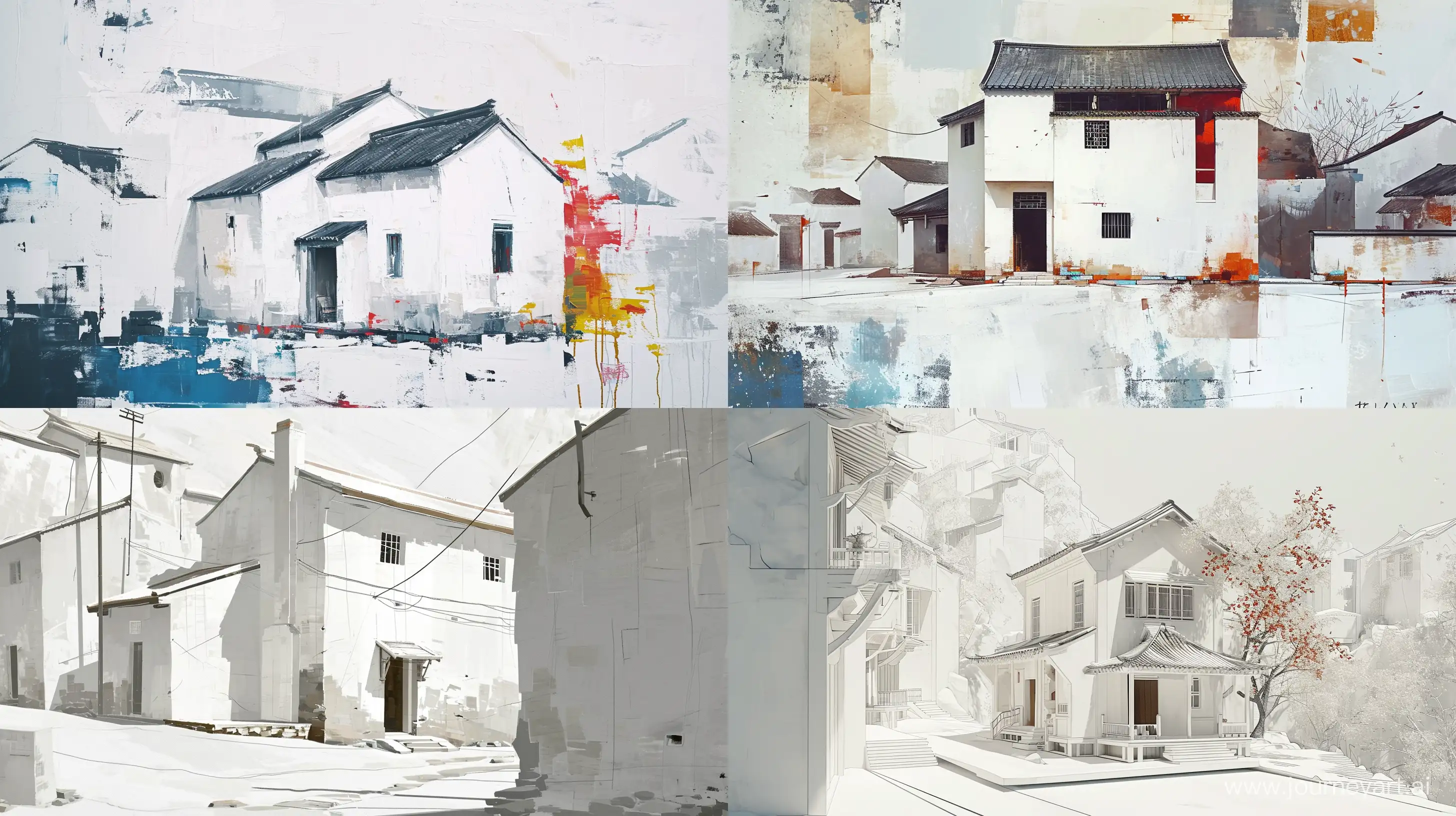a painting that has white house in a white setting, in the style of chinese ink paintings, colorful animation stills, shang dynasty, lively street scenes, flowing forms, traditional animation, Lin Fengmian --ar 16:9 --v 6.0