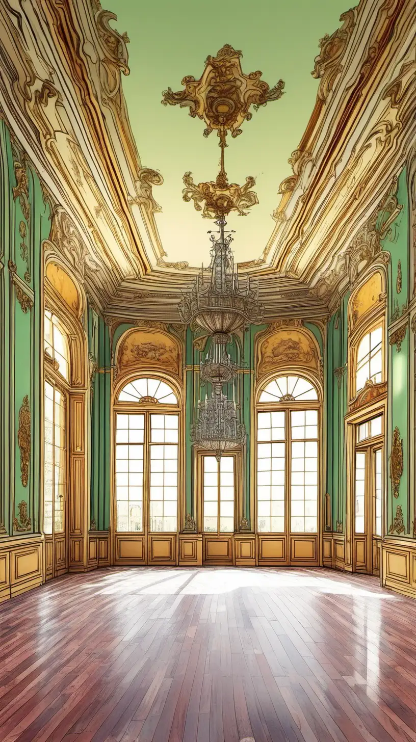 Cartoony, color:  Very large emptu living room in a French palace.  No furniture