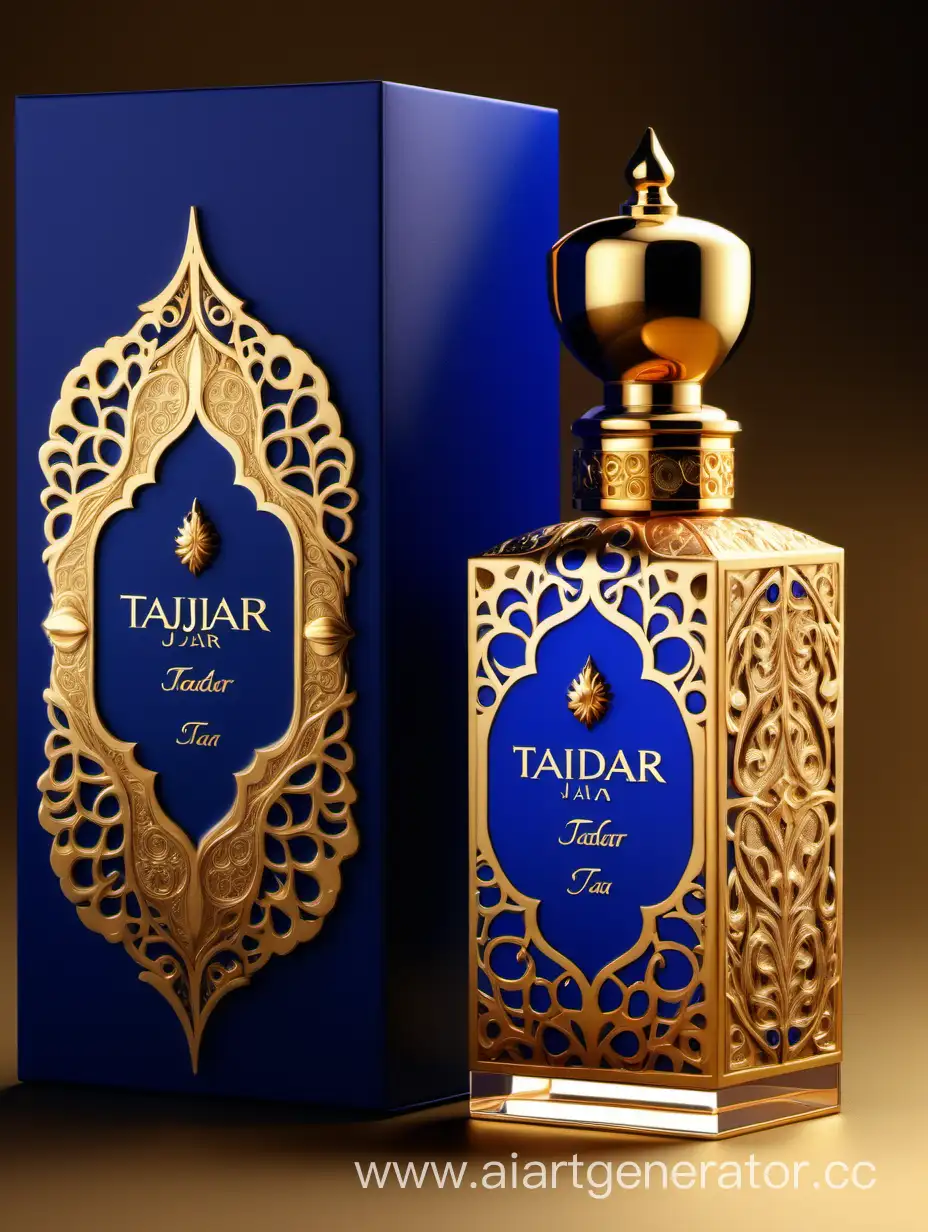 Luxurious-TAJDAR-Perfume-Box-Elegant-Gold-and-Royal-Blue-Packaging