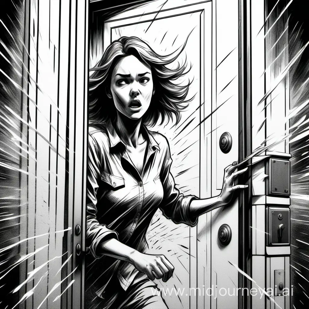 Medium Closeup of a young woman bursting through a building door in a black and white sketch style
