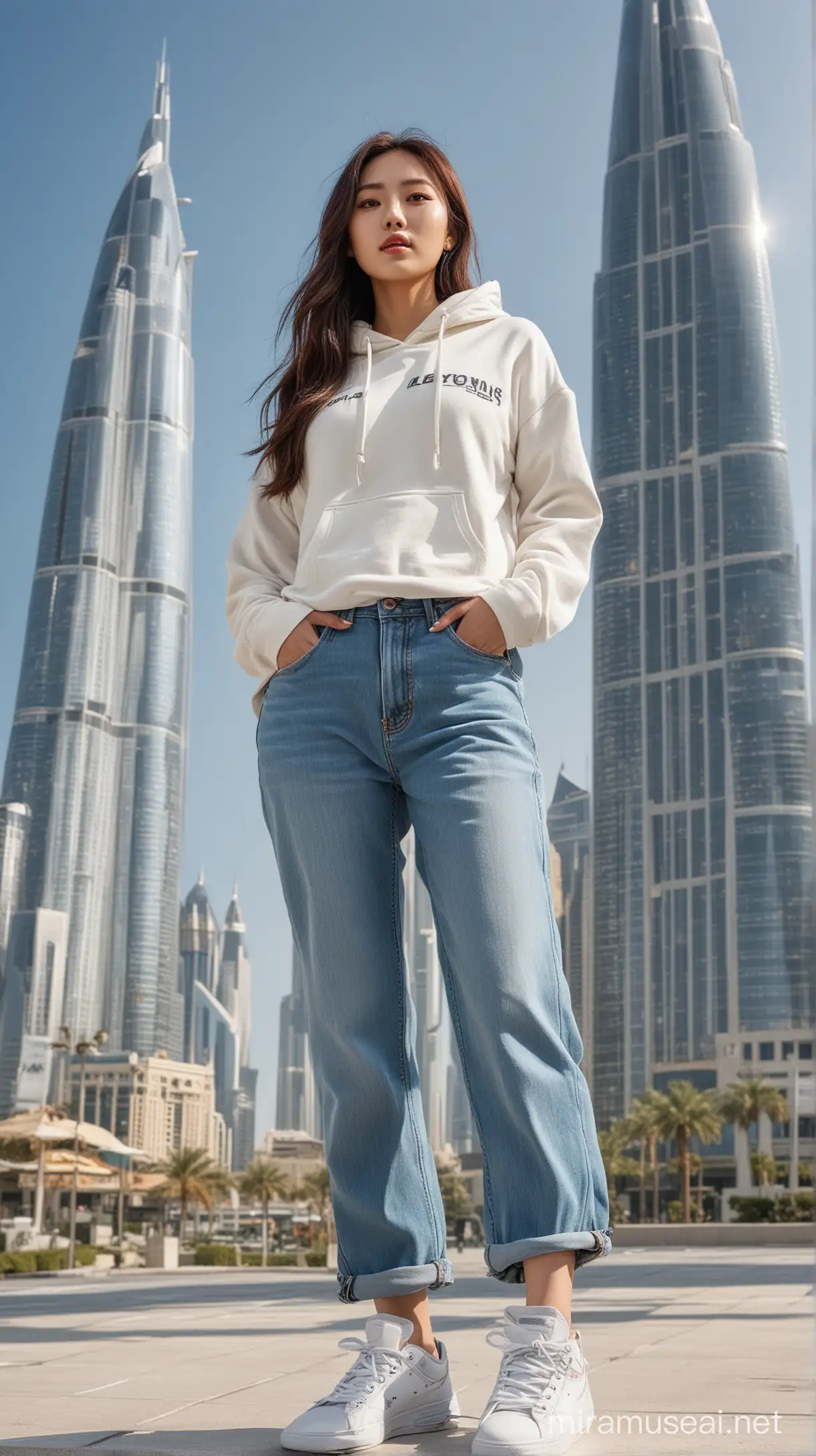 Seorang wanita korea cantik rambut panjang memakai jaket Hoodie dan celana Levis panjang, memakai sepatu sneakers, berdiri wajah menghadap kamera di bawah menara Dubai saat pagi yg cerah,resolusi ultra HDR extreme 32K, lensa 800mm, realistis , hiperrealistik, fotografi profesional, gambar sempurna tidak cacat