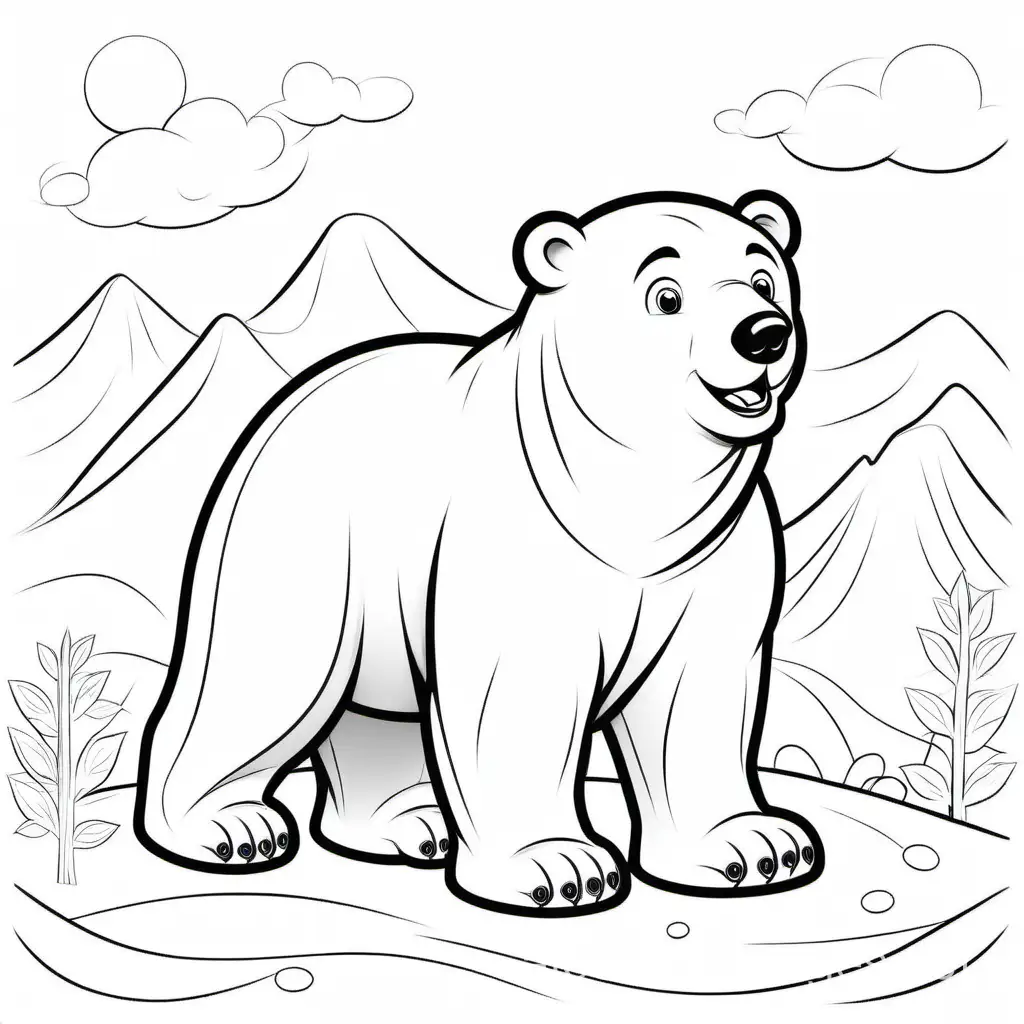 A cartoon illustration in black and white line art, of a Polar Bear. The style is cute Disney with soft lines and delicate shading. Coloring Page, black and white, line art, white background, Simplicity, Ample White Space. The background of the coloring page is plain white to make it easy for young children to color within the lines. The outlines of all the subjects are easy to distinguish, making it simple for kids to color without too much difficulty, Coloring Page, black and white, line art, white background, Simplicity, Ample White Space. The background of the coloring page is plain white to make it easy for young children to color within the lines. The outlines of all the subjects are easy to distinguish, making it simple for kids to color without too much difficulty