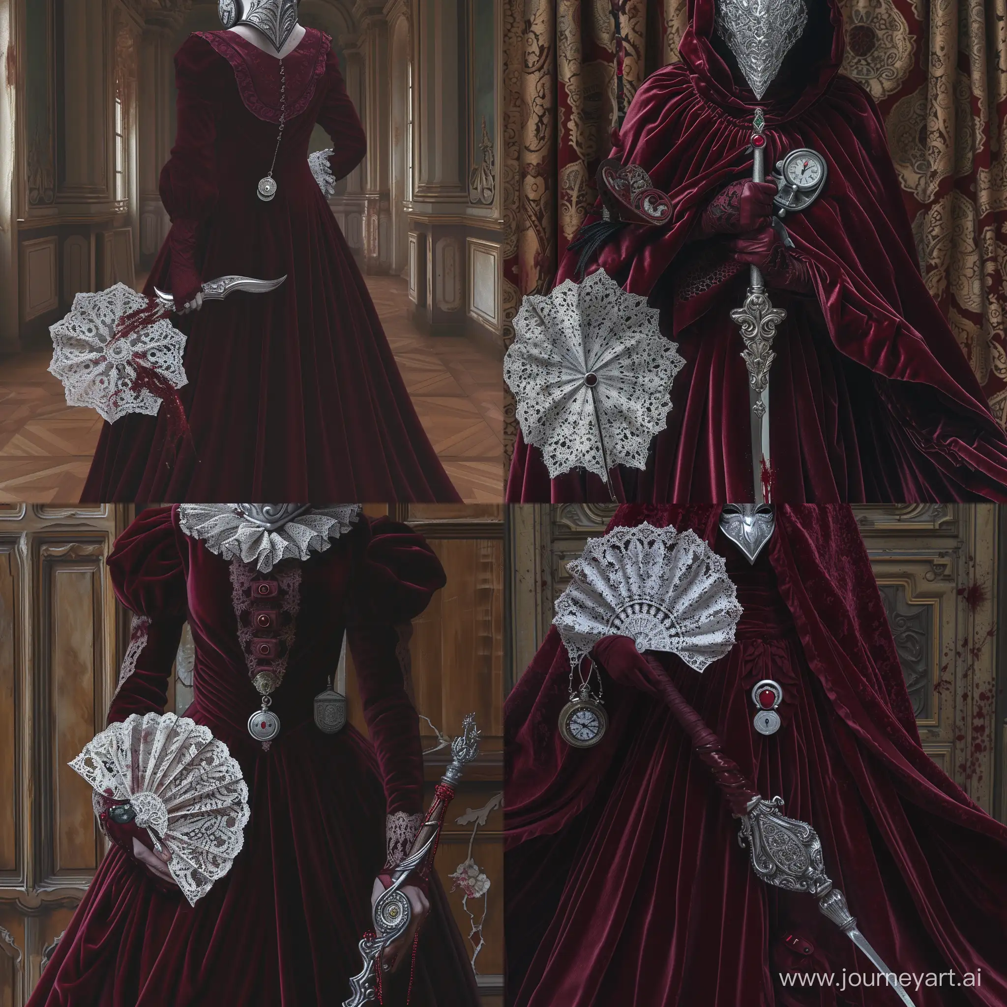 In the opulent halls of Hemwick Charnel Lane, the Crimson Veil Wraith glides gracefully. The burgundy velvet gown swirls as the silver masquerade mask hints at secrets whispered among the ghosts that haunt the abandoned manor, A delicate lace hand fan, a silver locket with a red gemstone, and a pocket watch, wielding an elegantly crafted dagger with a hilt resembling intertwining vines, emitting an otherworldly presence, 1970's dark fantasy style, bloodborne style, gritty, detailed, dark, blood on weapons