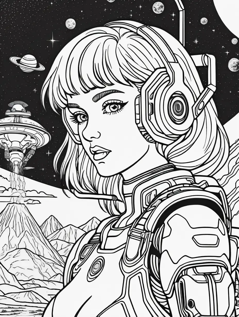 Adult coloring book, vaporwave, detailed multiple female CYBORG full  party, outerspace galactic , Black and white, no shading, no color, thick black outline,