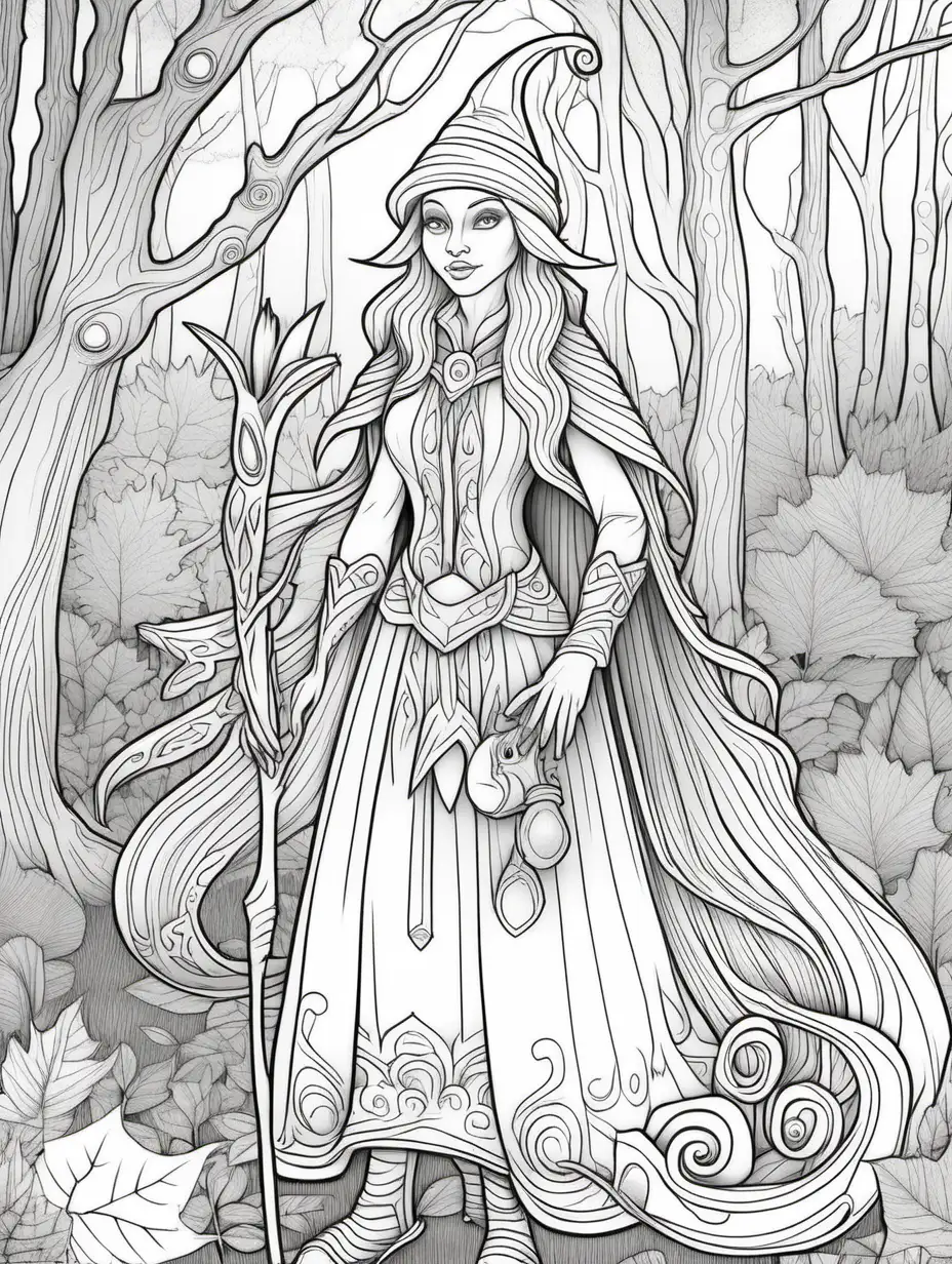 illustration page for coloring book, woodland elves, thick lines, low detail, vivid 