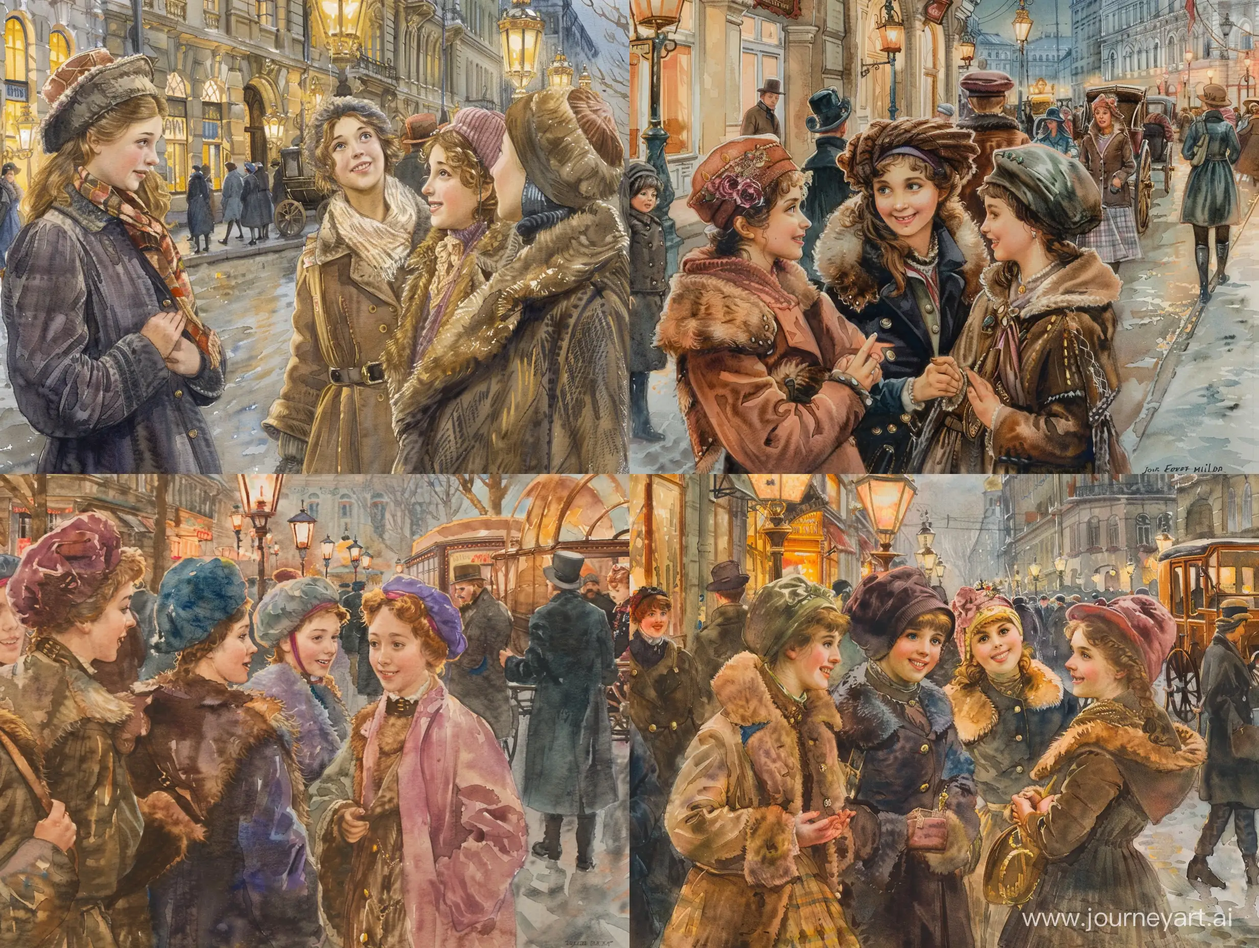 Группа молодых модных девушек жительниц Петербурга гуляют по улице города. На улице Санкт-Петербурга с фонарями, прохожими, магазинами, каретами и извозчиками. Девушки общаются друг с другом и им весело. Девушки одеты тепло и красиво по моде 1910 года. На них тёплые головные уборы и шубки с мехом или пальто. Акварель в стиле и цвете John Everett Millais. Действие происходит на улице Санкт-Петербурга 1910 года.