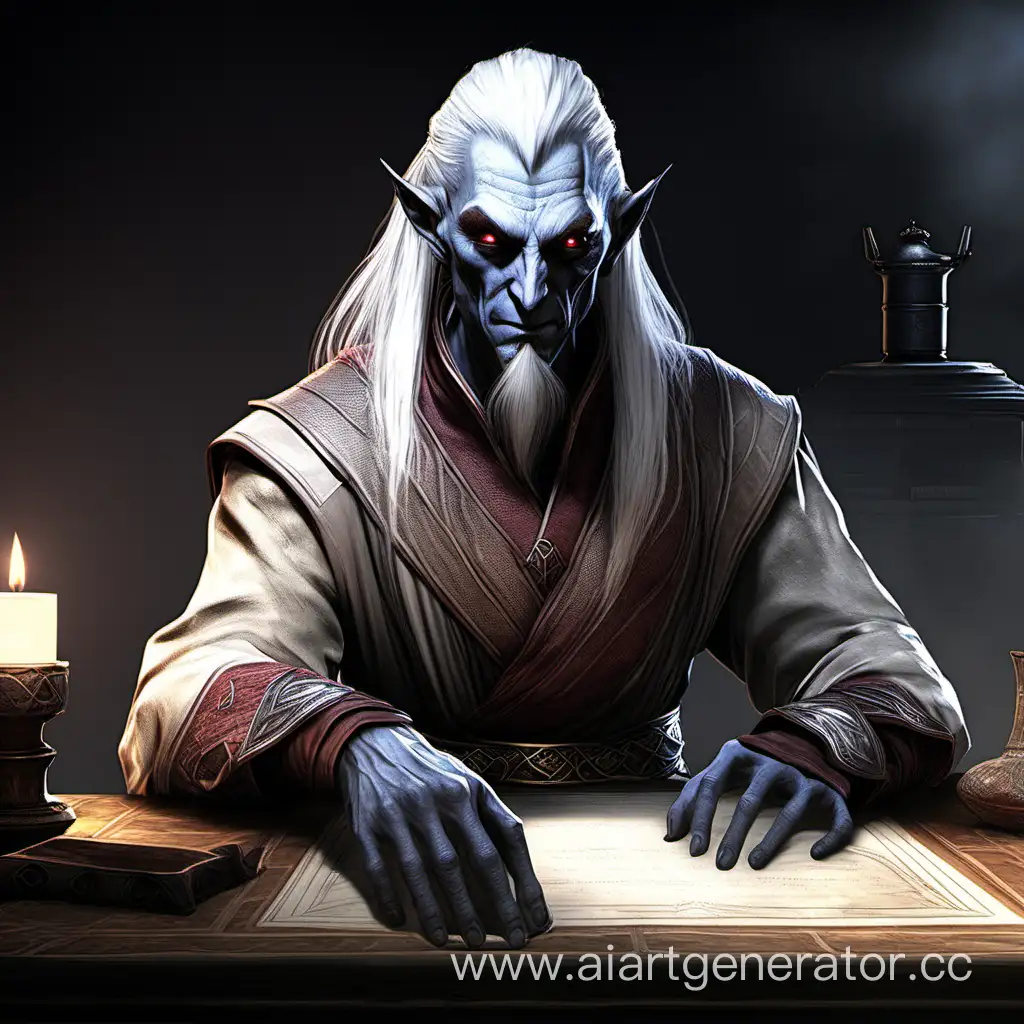 Elder scrolls online scene: Dunmer man, 30's-looking Sotha Sil. Red non-glowing, dark elven, large, slanted diagonal eyes with lowere eyelids. He has long white hair and is standing over a desk. His arms are mechanical. He has no beard or armor. He is looking fondly downward, in sheltered morning light, and is dressed in a gauzy, white, translucent cloth bathrobe. He leans over the table, facing us as he's teaching. He has a paternal, mentor smile. Pensive, but compassionate. He is tutoring the viewer.