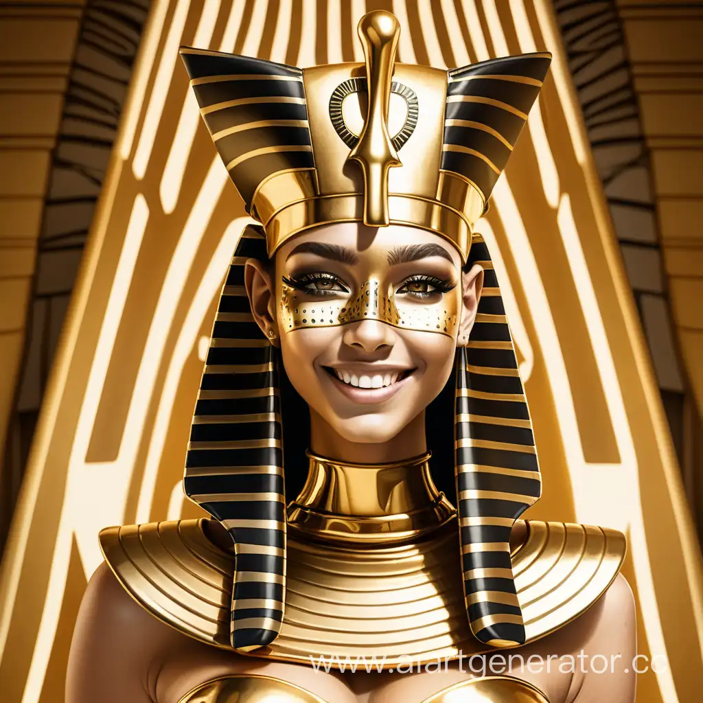 Девушка в образе саркофага фараона с золотой латексной кожей в одежде фараона улыбается с золотым латексным лицом с полностью золотым телом