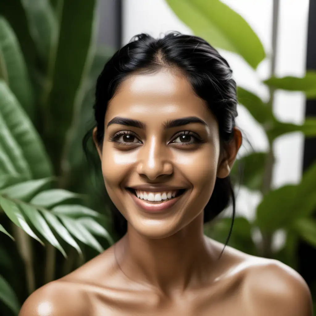A clear-faced Indian skin tone lady with black hair, glowing skin, and a happy smile, a minimalist spa environment with earthy tones and subtle greenery, technology with organic conveying a sense of tranquility and self-care, Photography, high-quality DSLR camera with a 50mm lens, f/2.8 aperture, --ar 16:9 --v 5