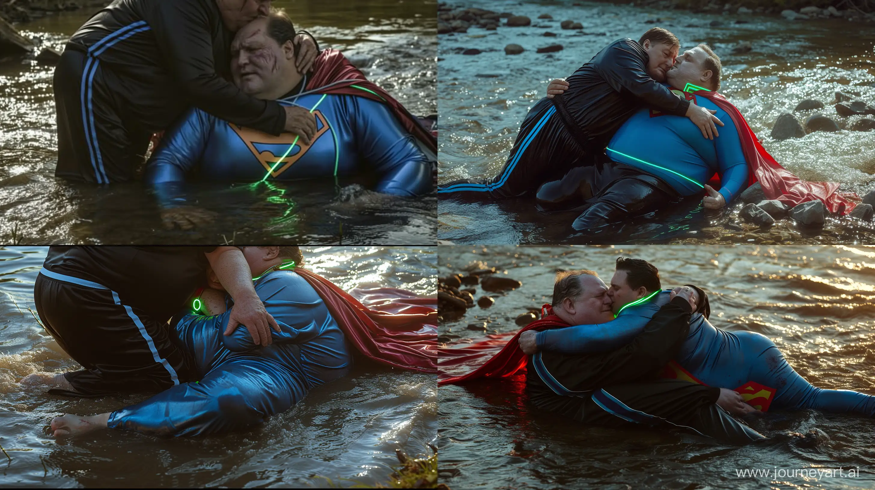 Close-up photo of a violent scene of a fat man aged 60 wearing silk black tracksuit with a blue stripe on the pants. He is hugging a fat man aged 60 wearing a tight blue 1978 smooth superman costume with a red cape with a tight green glowing neon dog collar on the neck lying in the water. River. Natural Light. --style raw --ar 16:9