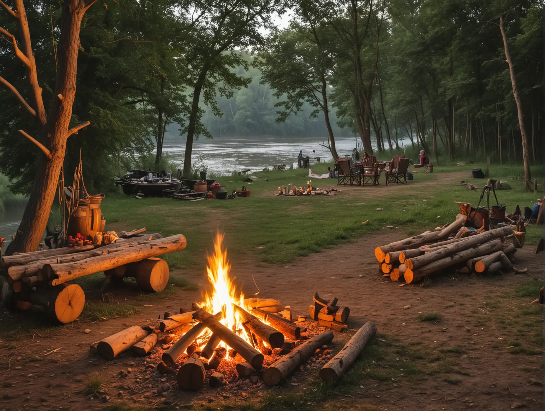 gypsy themed riverside camp with fire on logs early evening summer


