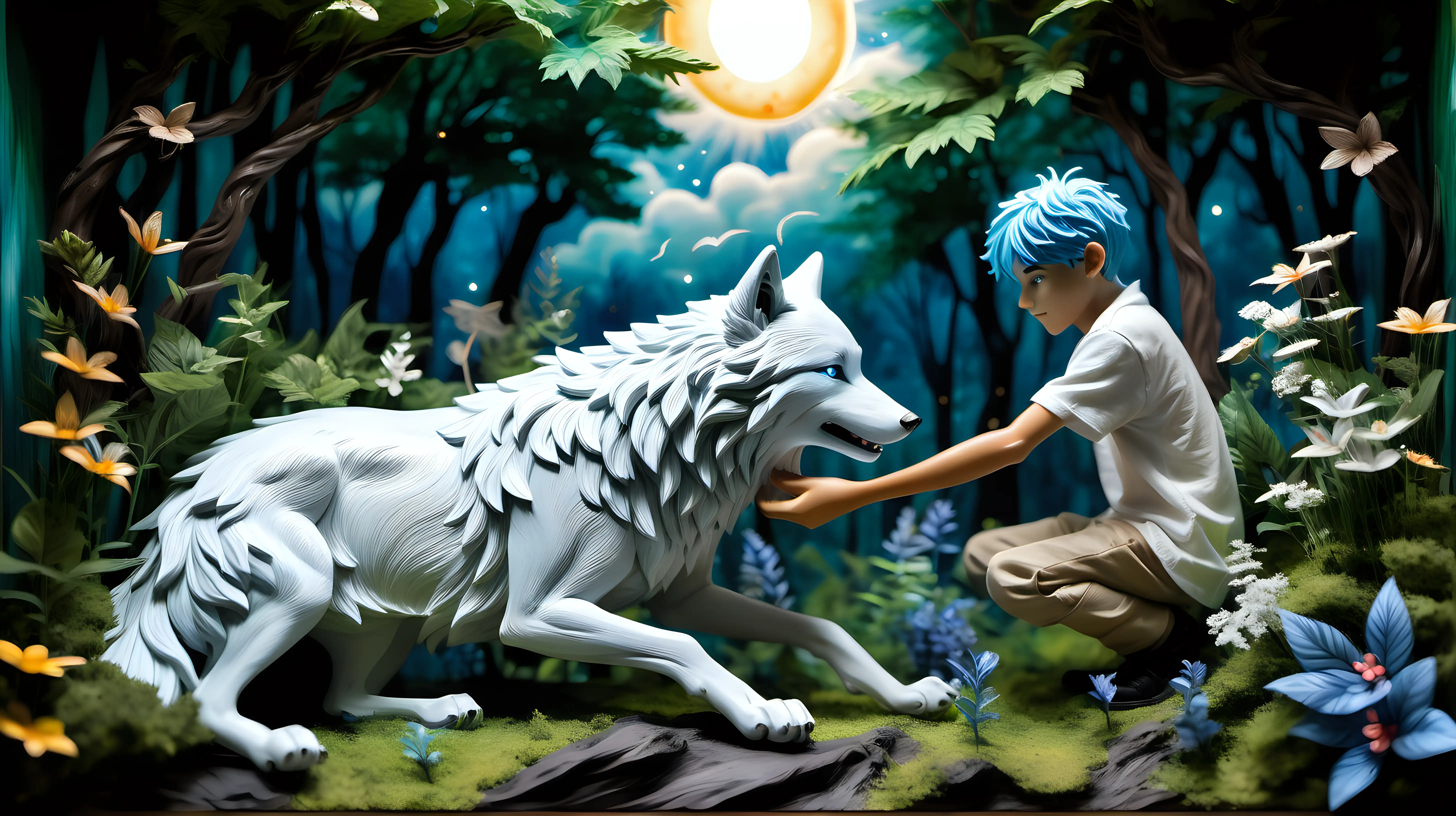 DIORAMA, ghibli inspired painting of a beautiful enchanting blue-haired, 18 YEAR OLD boy, playing with a big white wolf in an enchanted forest, surrounded by greenery, flowers, fireflies, clouds and sunshine